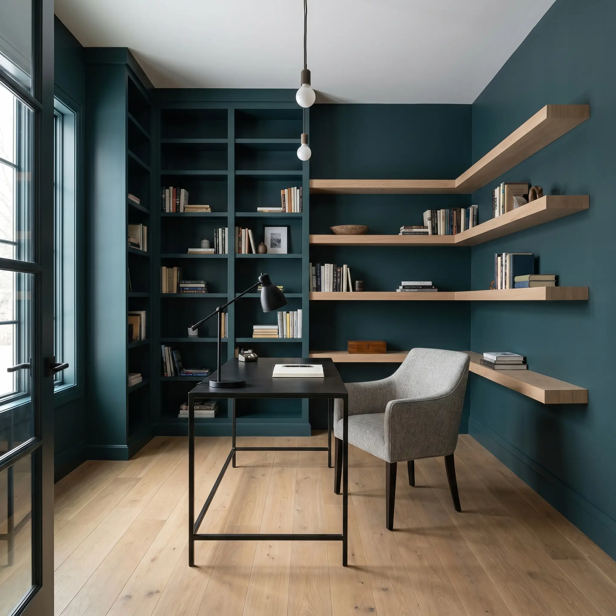 An enveloping atmosphere defines this modern study, featuring dark teal built-in bookcases, a sleek blackened steel desk, and light ash floating shelves.