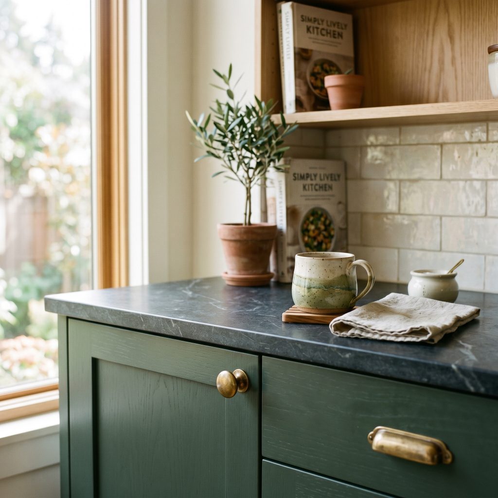 Modern transitional shaker kitchen cabinets painted Behr Dark Everglade pair seamlessly with honed soapstone counters, unlacquered brass hardware, and a ceramic mug resting on the surface.
