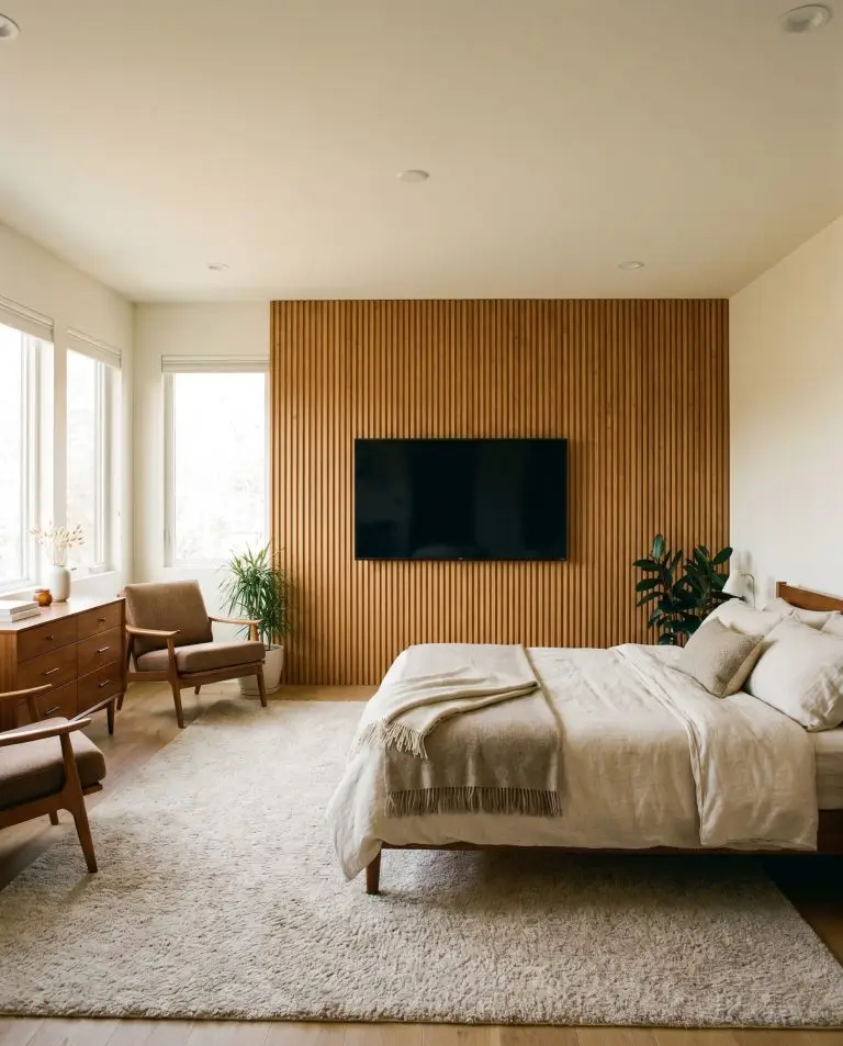 Boutique Hotel Vibes: How to Style a Modern Wood Slat TV Wall in the Bedroom