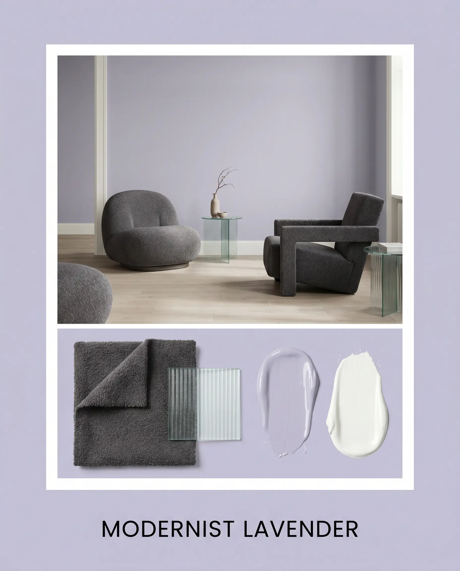 Sculptural accent chairs upholstered in dark charcoal gray boucle and minimalist fluted glass side tables are showcased above a matching material flat-lay layout.