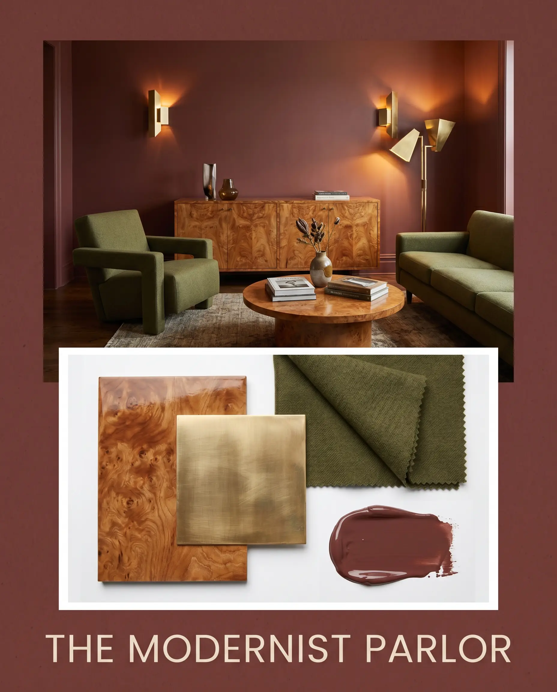 A vintage burl wood credenza and olive worsted wool seating anchor a moody dark red parlor above a curated flat-lay of polished veneer and unlacquered brass.
