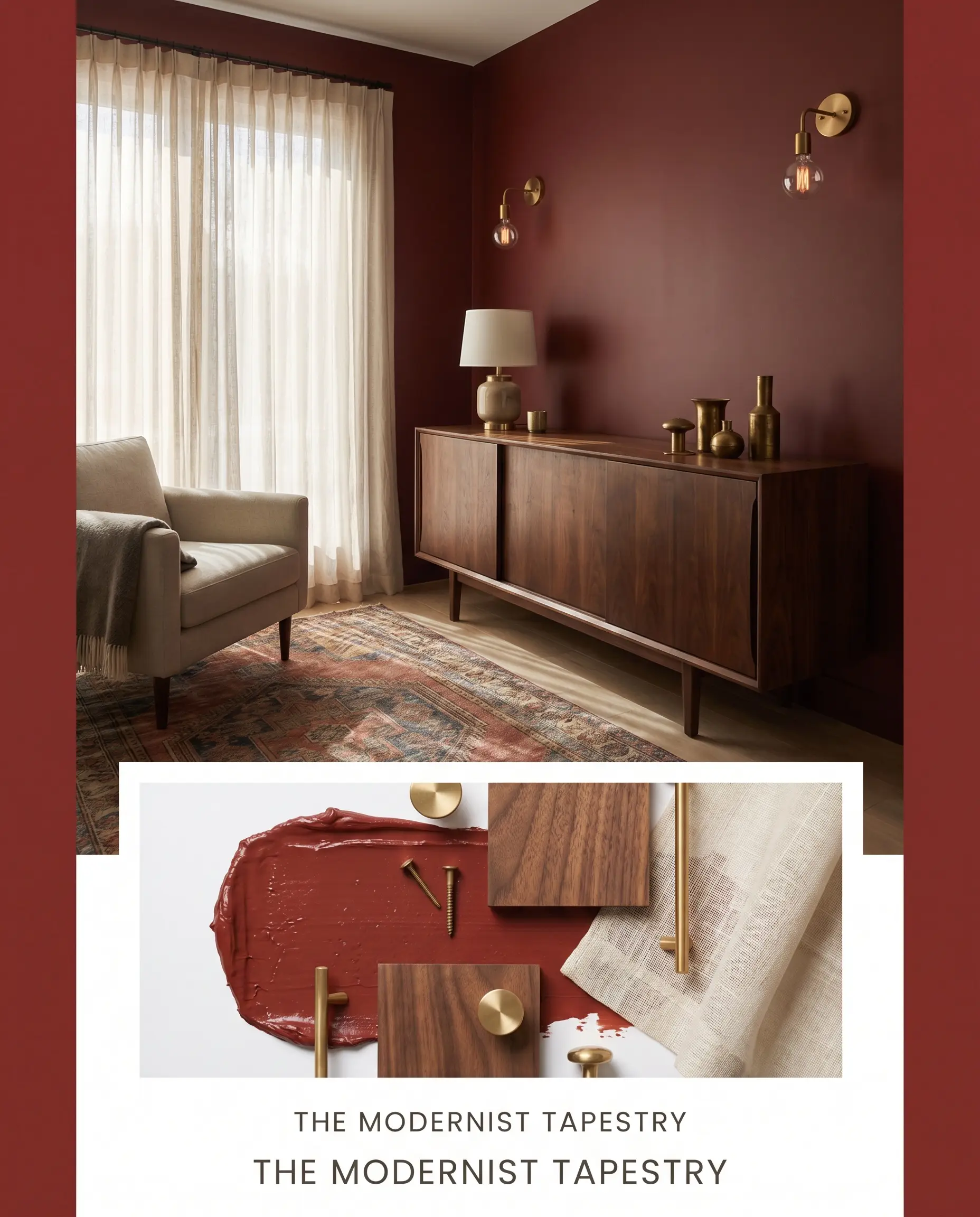 An editorial layout pairs a warm red living space featuring a walnut credenza with a material flat-lay containing matching crimson paint swatches, unlacquered brass hardware, and sheer linen fabric.