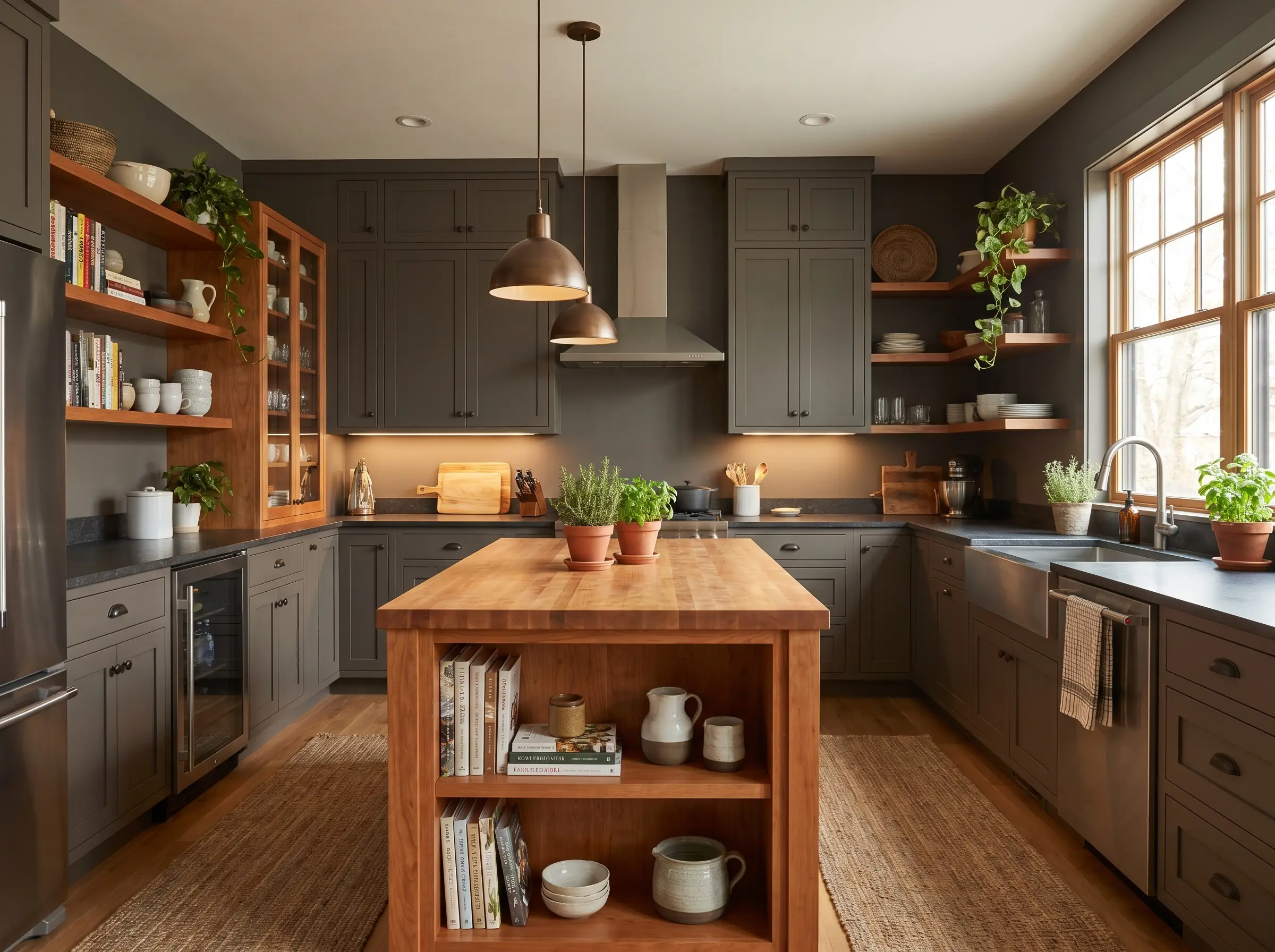 Brownish-gray charcoal walls blend seamlessly with rich cherry wood grain cabinets and a standard center island in this modern earthy kitchen.