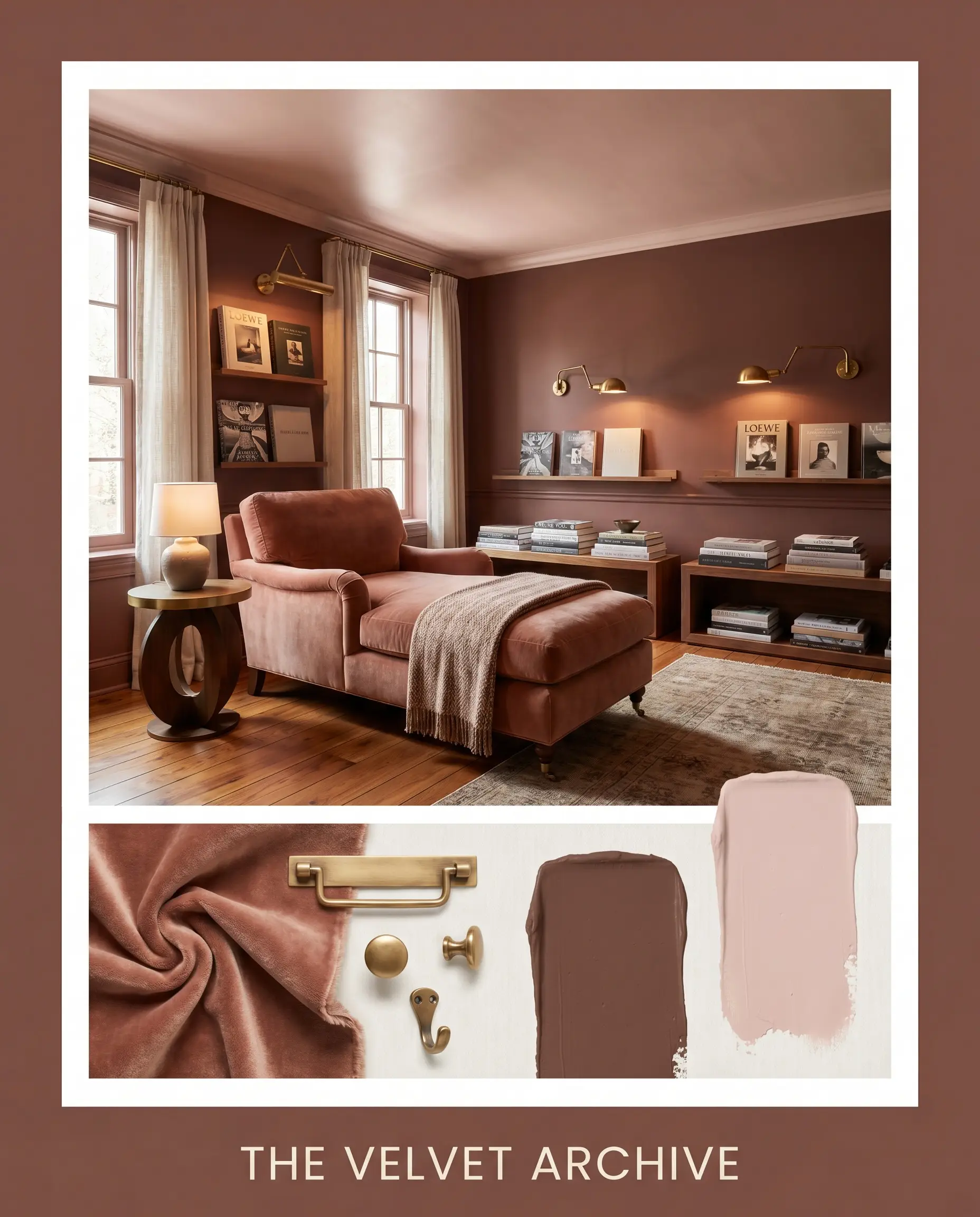 A plush mohair chaise lounge rests beneath unlacquered brass picture lights and deeply saturated earthy red walls in a curated conceptual mood board.
