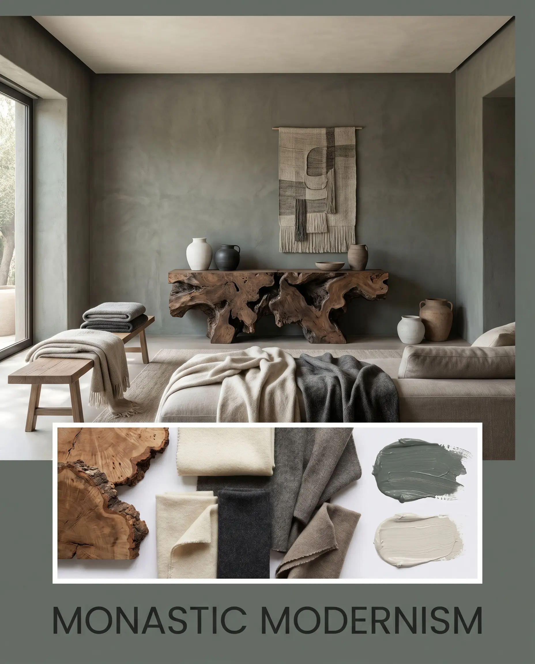 A monastic modern living room featuring a brutalist burl wood console sits above a flat-lay of worsted wool swatches and smoky grey-green paint textures.