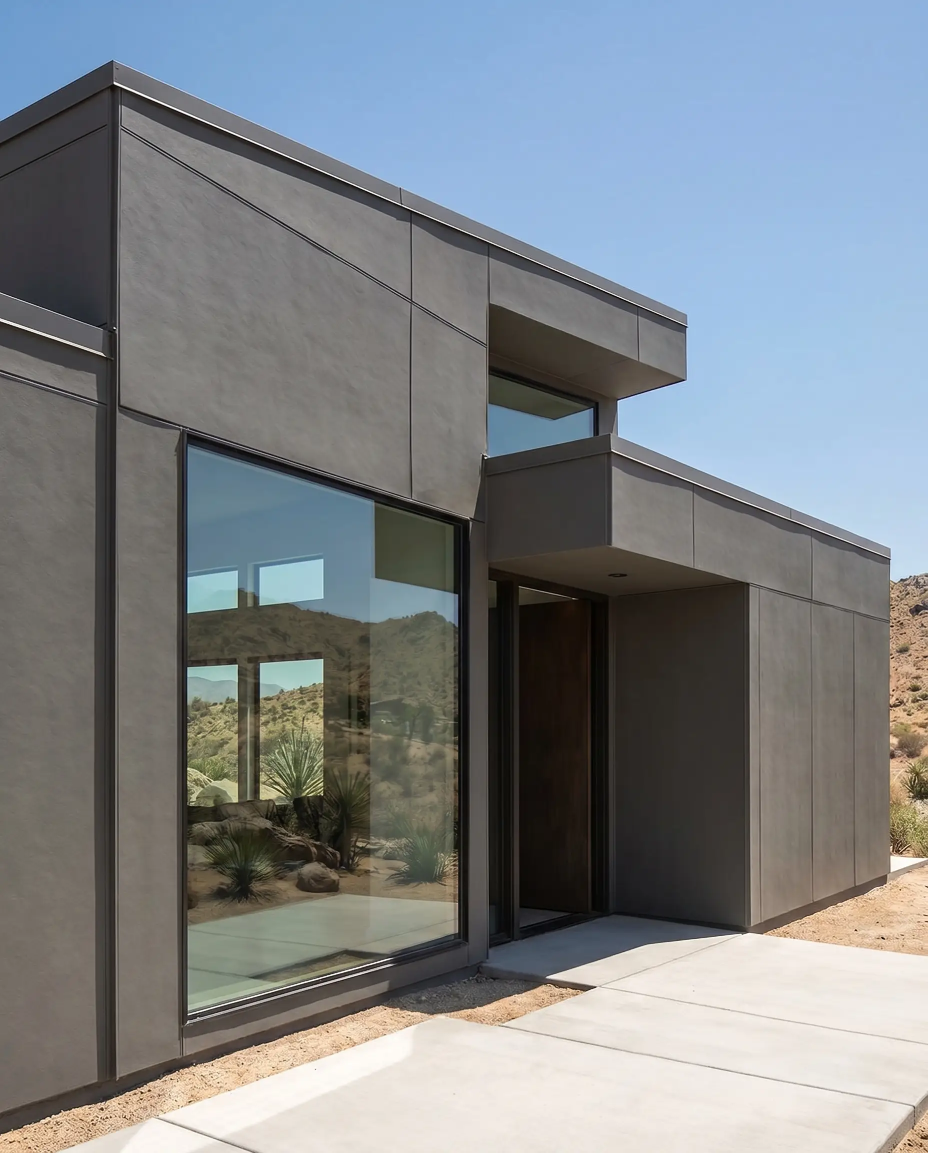 Monolithic dark gray siding, trim, and fascia create a dramatic contemporary exterior profile punctuated by an oversized, frameless glass window.