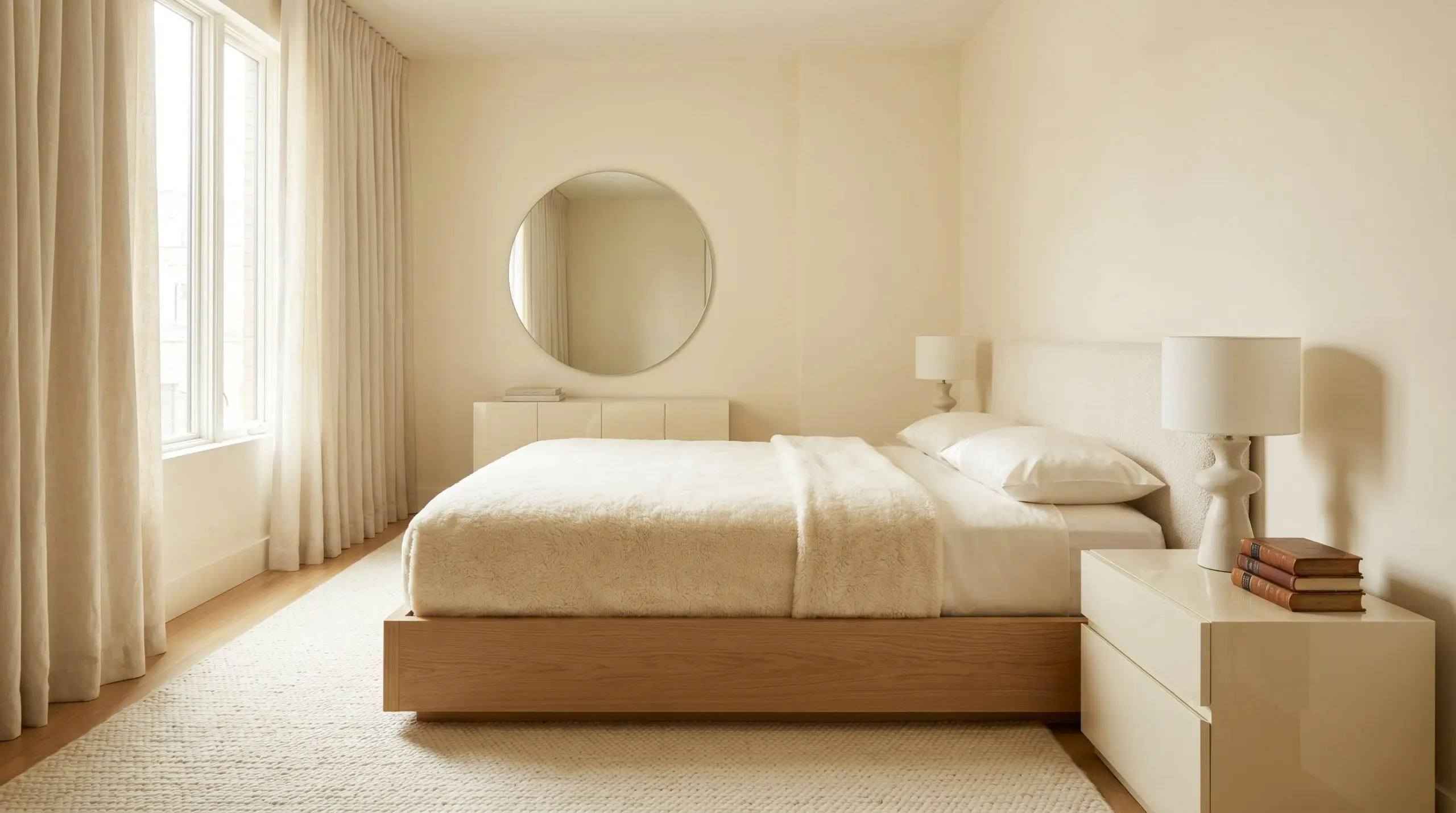 A monochromatic cream bedroom painted in Swiss Coffee features a bed with a white silk pillow and shearling throw beside an ivory lacquered nightstand.
