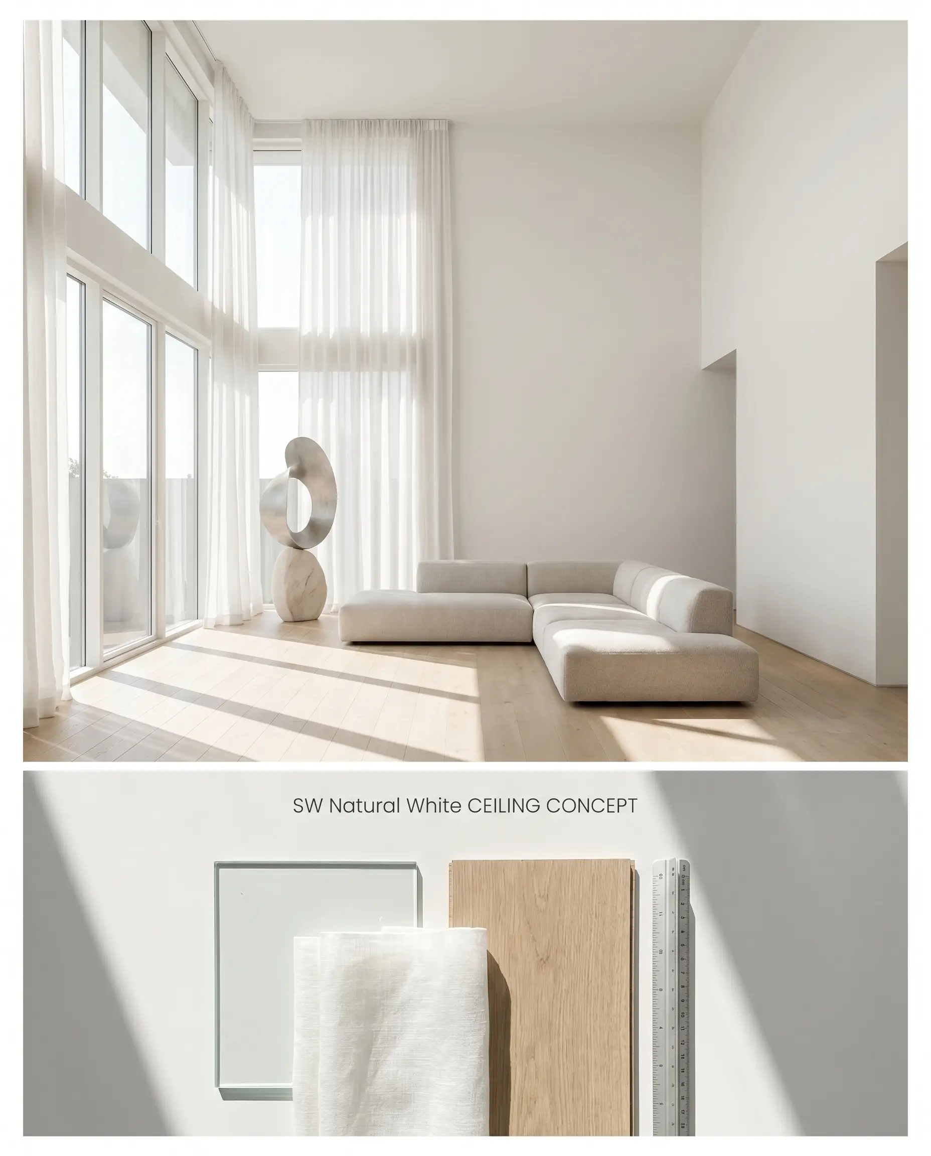 A split digital conceptual board showcasing a Sherwin-Williams Natural White monolithic room envelope above a flat-lay of sheer linen and light wood flooring.