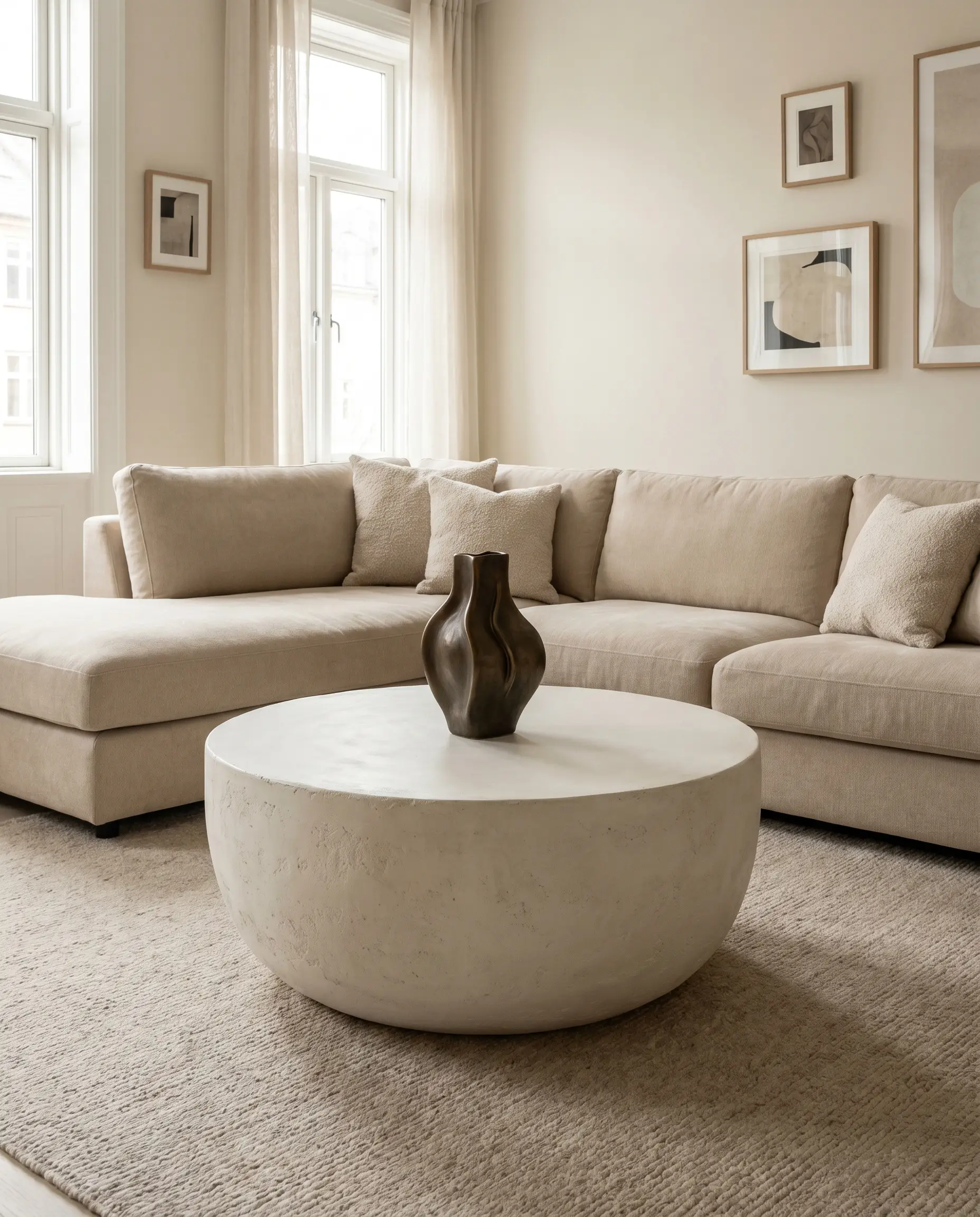 A solid artisan plaster drum pedestal base coffee table sits before a plush fabric sofa against Sherwin-Williams Alabaster painted walls.