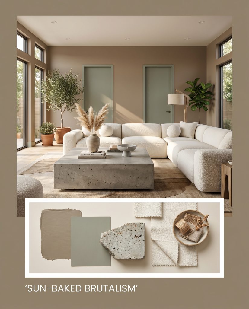 A monolithic poured concrete coffee table and a low-profile bouclé sectional anchor a modern living room flat-lay titled Sun-Baked Brutalism.