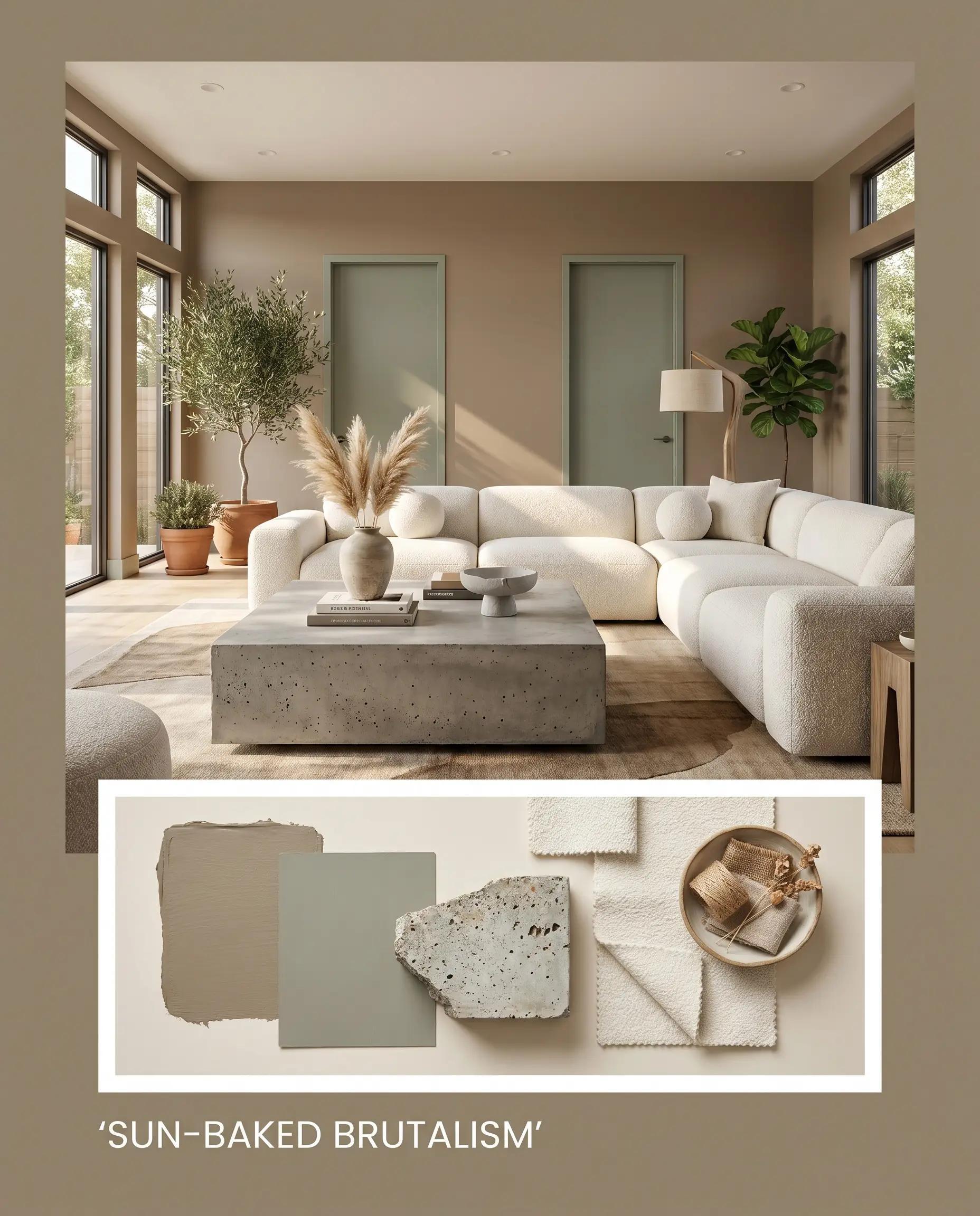 A monolithic poured concrete coffee table and a low-profile bouclé sectional anchor a modern living room flat-lay titled Sun-Baked Brutalism.