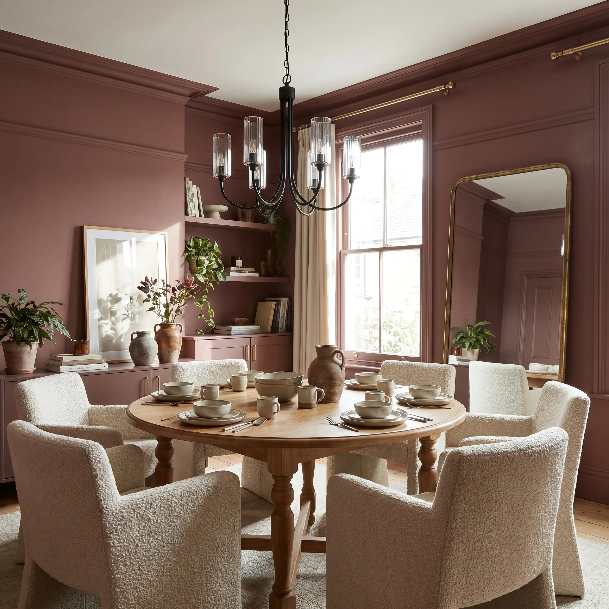 A sleek blackened steel and fluted glass chandelier hangs above an oak dining table and tactile boucle chairs in a moody architectural dining room.