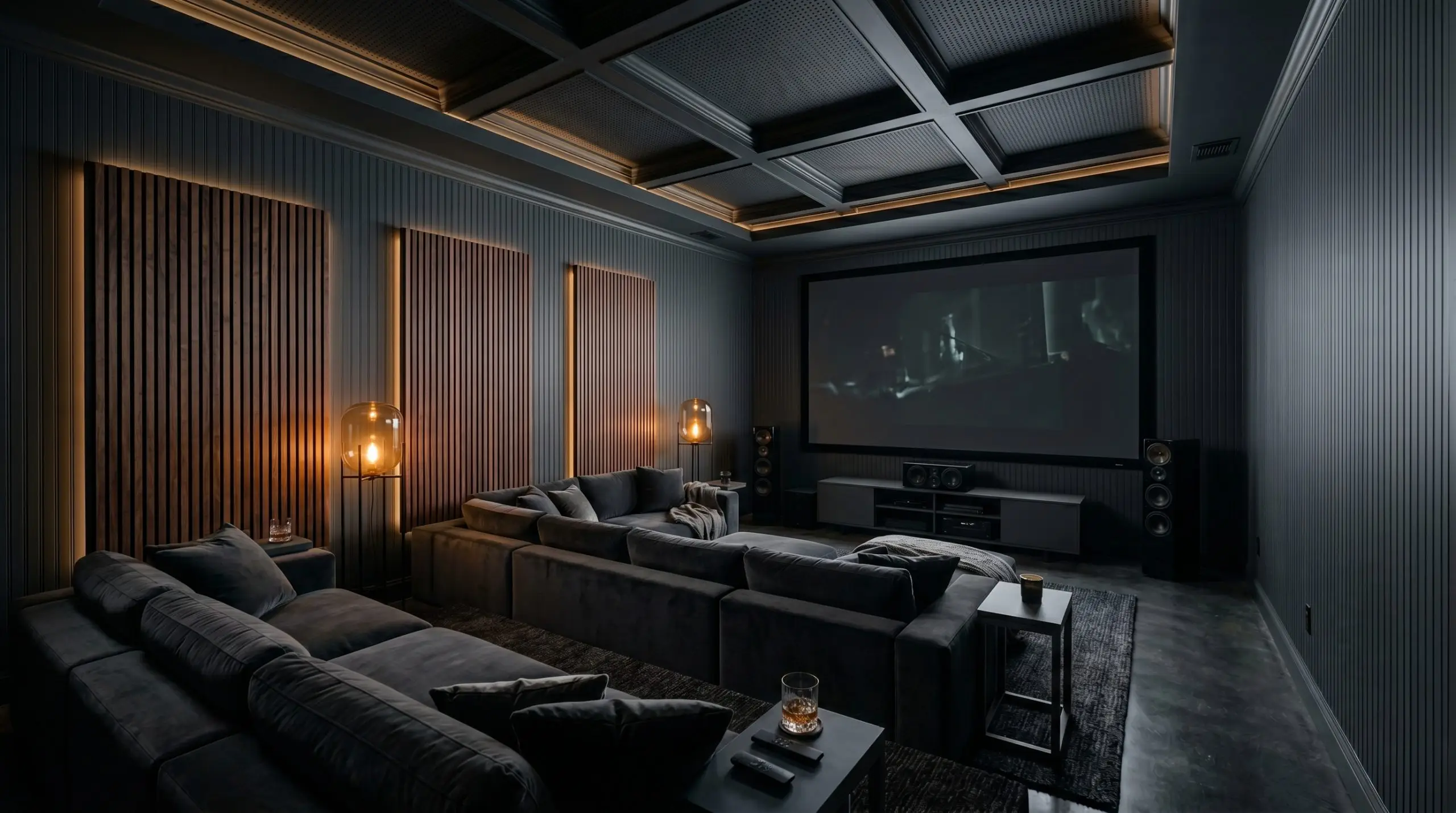 Plush performance velvet modular seating fills a luxurious home theater featuring beadboard paneling and acoustic wood slats painted in Benjamin Moore Soot.