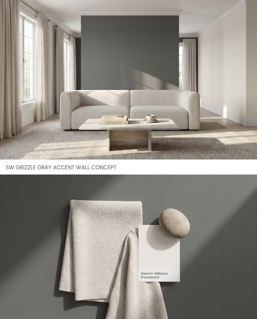 A split digital conceptual board displaying a formal living room with a SW 7068 accent wall on top, and a smooth matte painted texture flat-lay with bouclé fabric below.