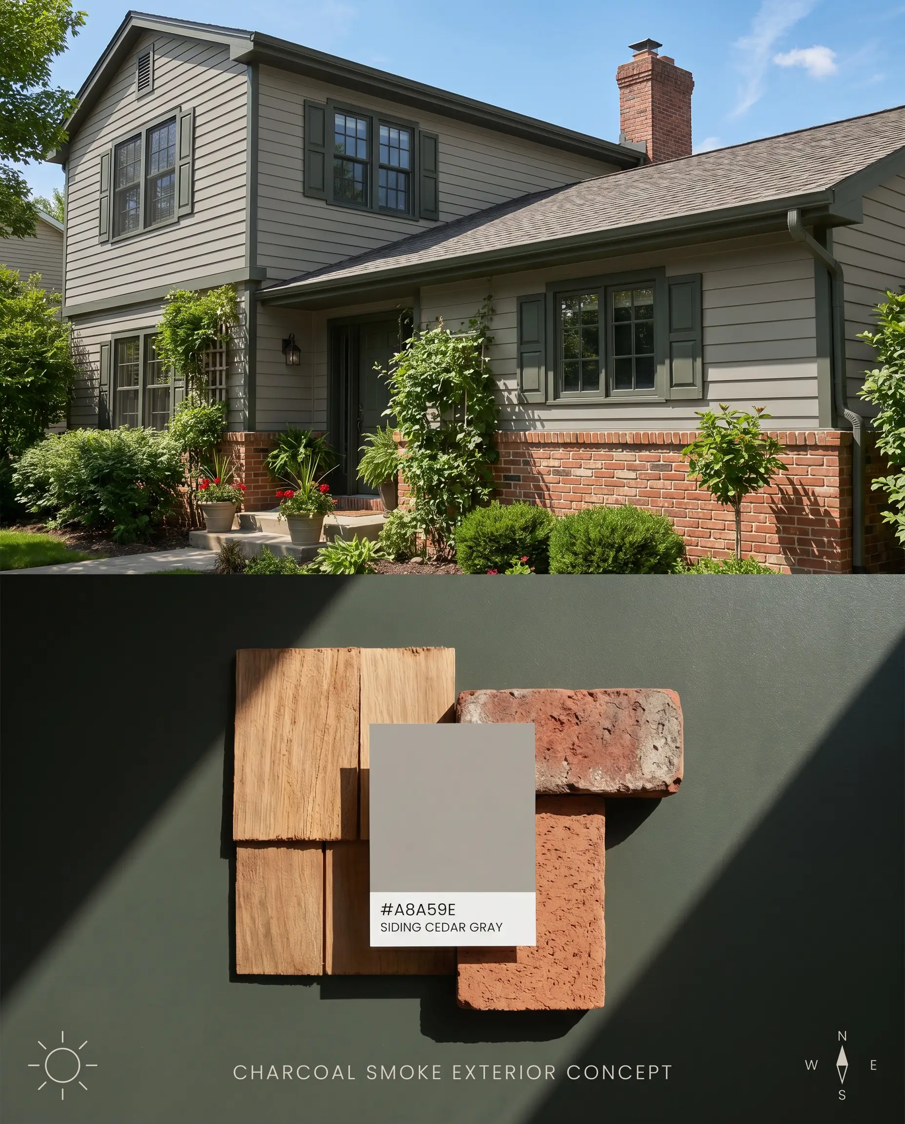 A split digital conceptual board displaying a home exterior with dark toad green trim and shutters on top, and cedar shingle and red brick samples below.