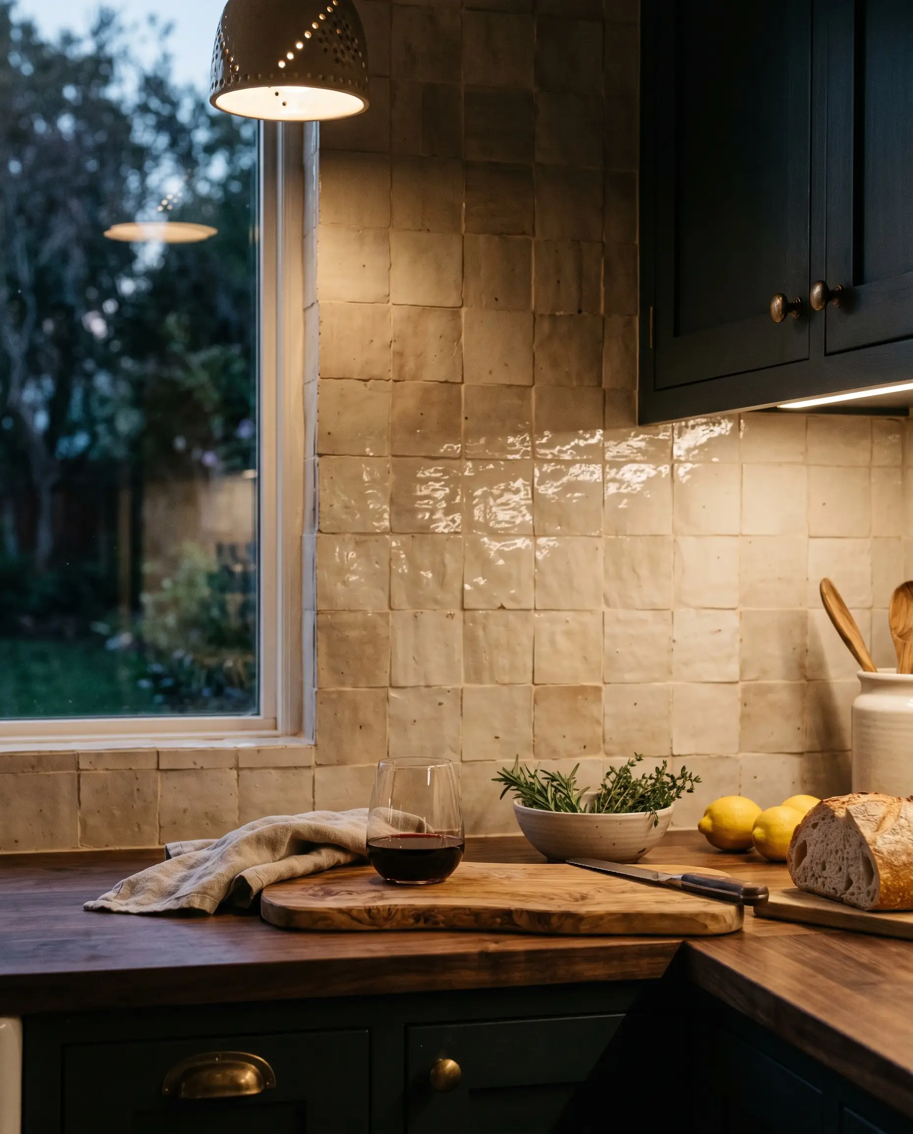 A highly reflective undulating tile surface reveals a rich terracotta earthen base as the surrounding cabinetry and styled countertops transition into evening.