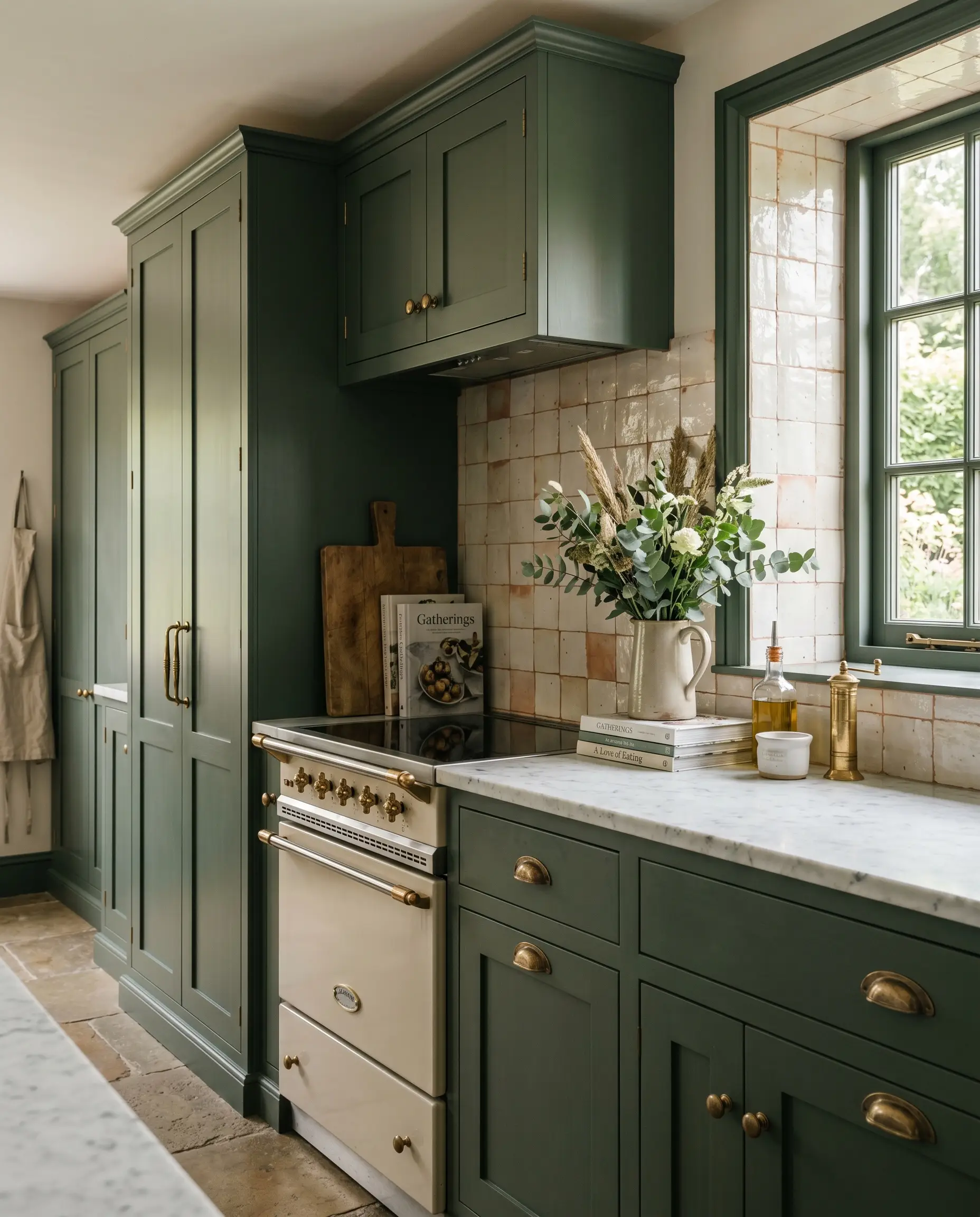 Desaturated green shaker cabinetry with unlacquered brass hardware frames a warm terracotta-based cream zellige backsplash kitchen ideas installation.