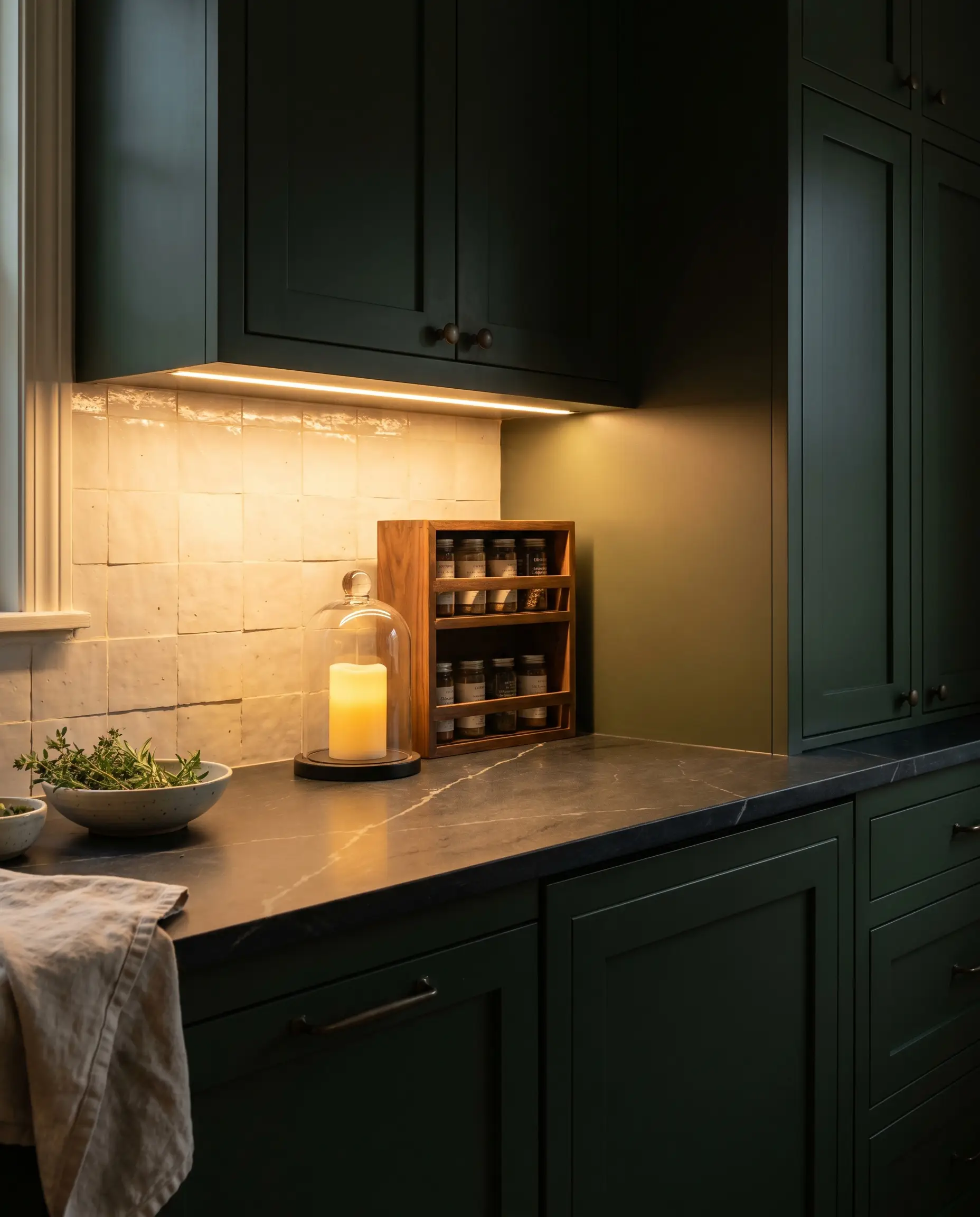 An off-white zellige backsplash and Benjamin Moore Essex Green cabinetry frame a dark soapstone countertop where warm under-cabinet LED lighting highlights subtle quartz veining.