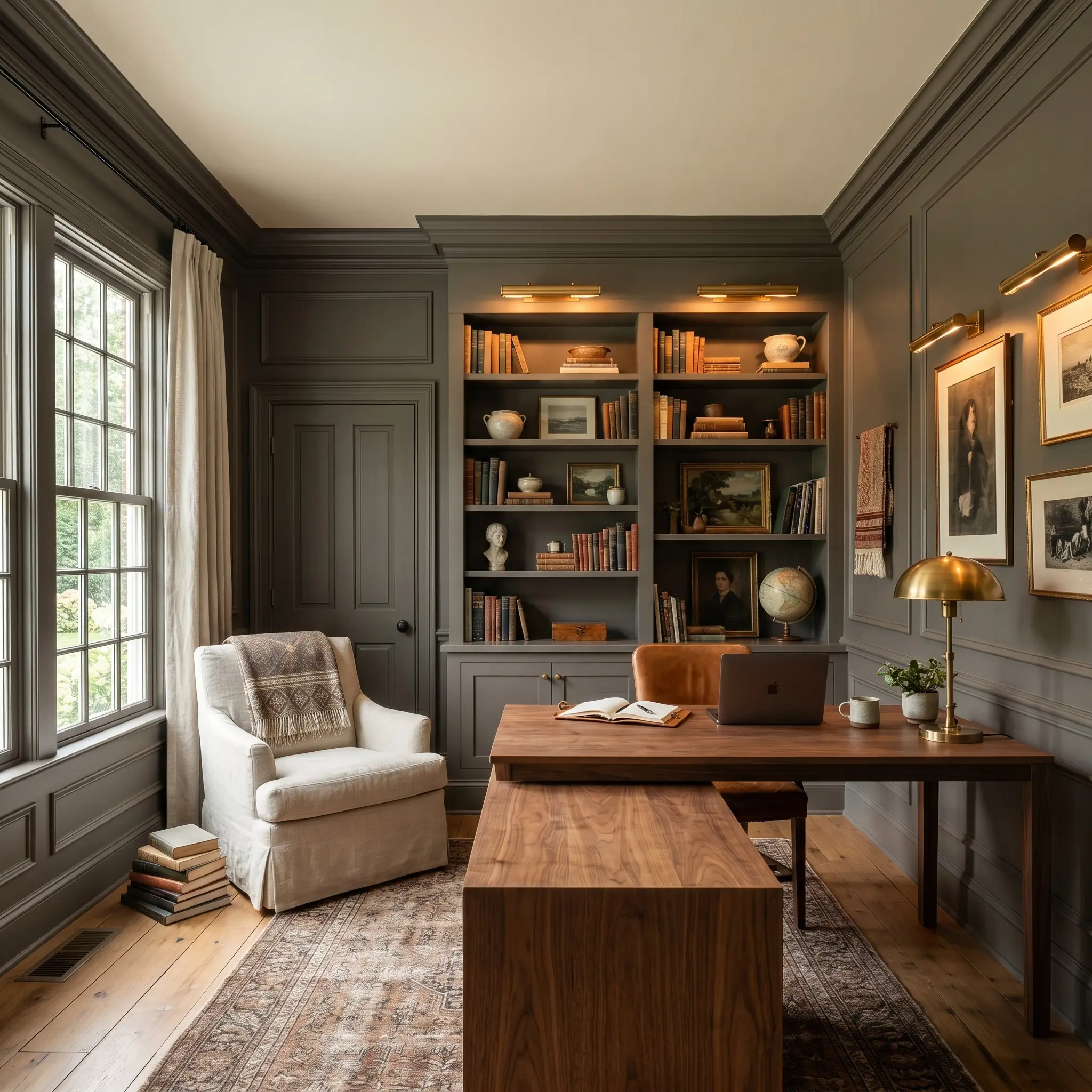 Antique brass picture lights cast a warm glow against color-drenched dark charcoal walls, illuminating a sleek walnut desk and a slipcovered washed linen reading chair.