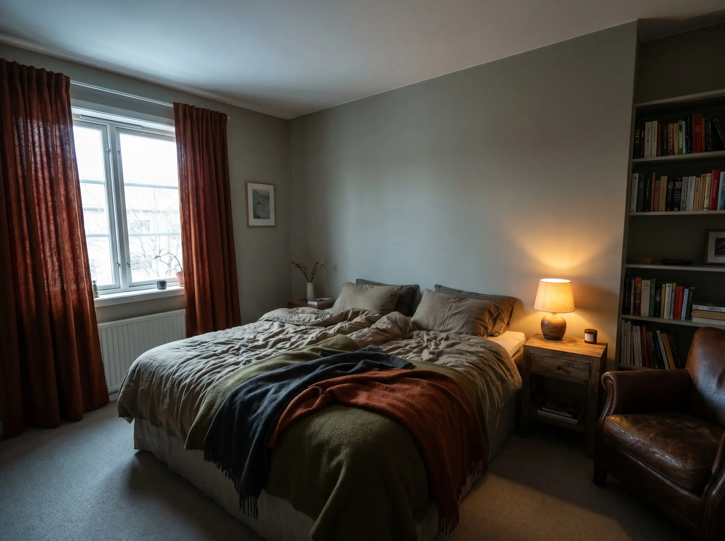 Heavy rust-toned textured curtains frame standard windows in a moody north-facing bedroom featuring subtle gray-green walls, earthy bed textiles, and a wooden nightstand.
