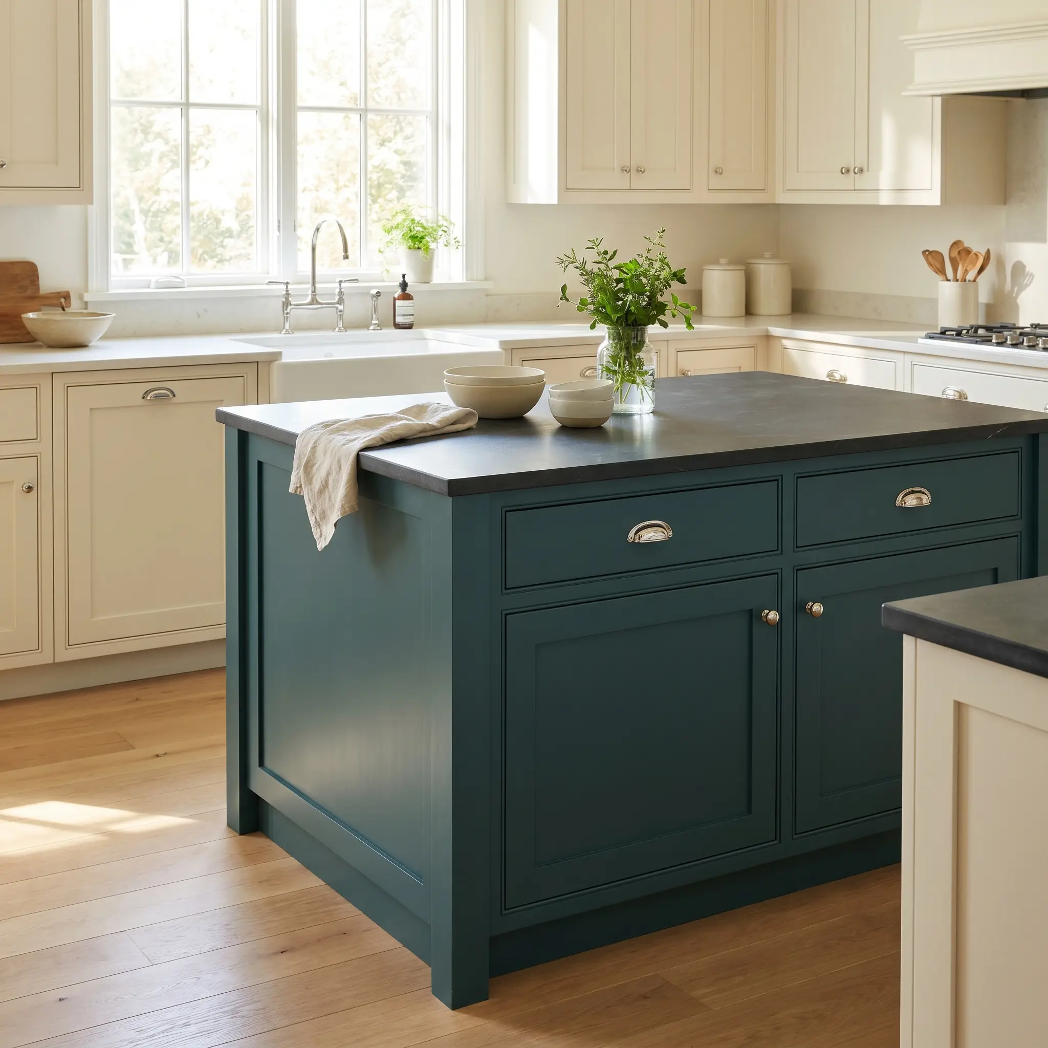 A moody teal kitchen island topped with matte honed soapstone and polished nickel cup pulls centers a suburban kitchen with warm cream perimeter cabinets.