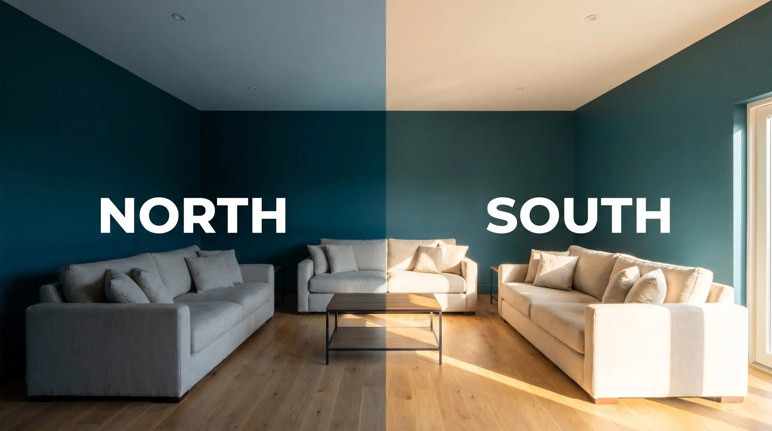 A continuous living room painted in Dulux Deep Aqua shifts from deep shadows in cool northern exposure to bright illumination in warm southern sunlight.
