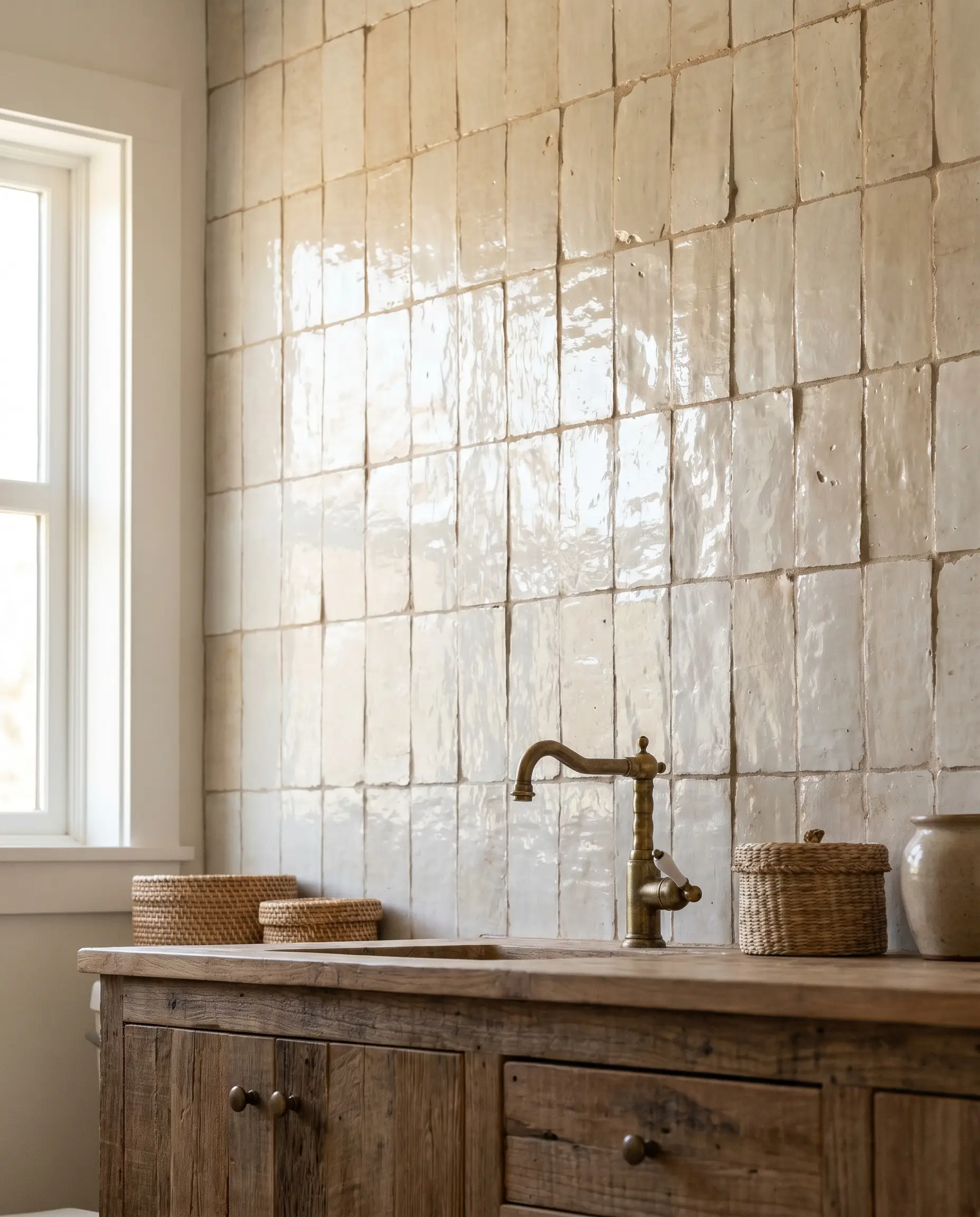 Moroccan artisan clay Zellige tiles with highly irregular undulating surfaces and un-sanded grout form a tactile backsplash behind a rustic wood vanity.