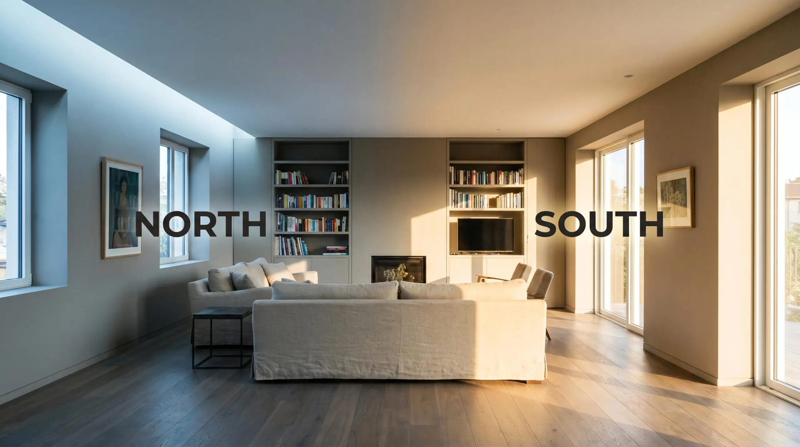 A continuous living room shifts from a muted olive-drab in cool Northern light to a toasted fawny neutral in warm Southern exposure.