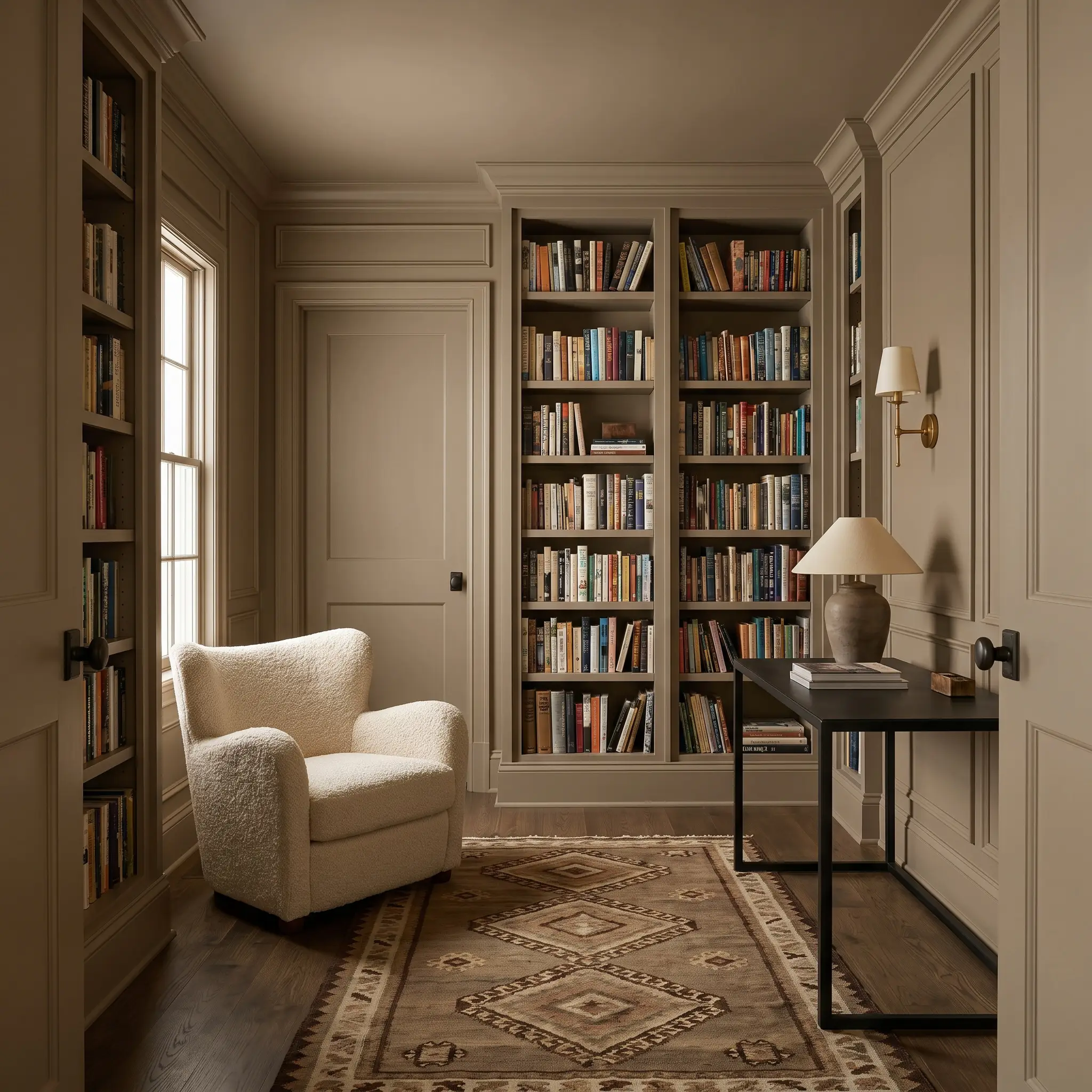 A color-drenched home library painted in Mouse's Back (Hex #958975) features built-in bookcases, a blackened steel desk, and a low-profile bouclé reading chair.