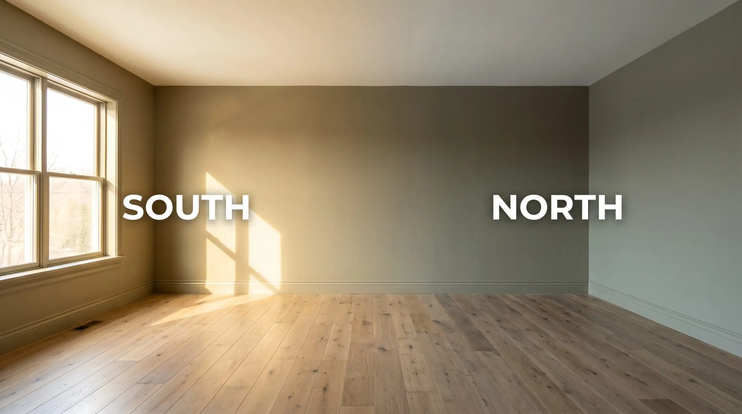 A continuous living room wall demonstrates shifting light absorption, transitioning from golden yellow-brown in warm Southern exposure to a shadowed grey-green cast in cool Northern light.