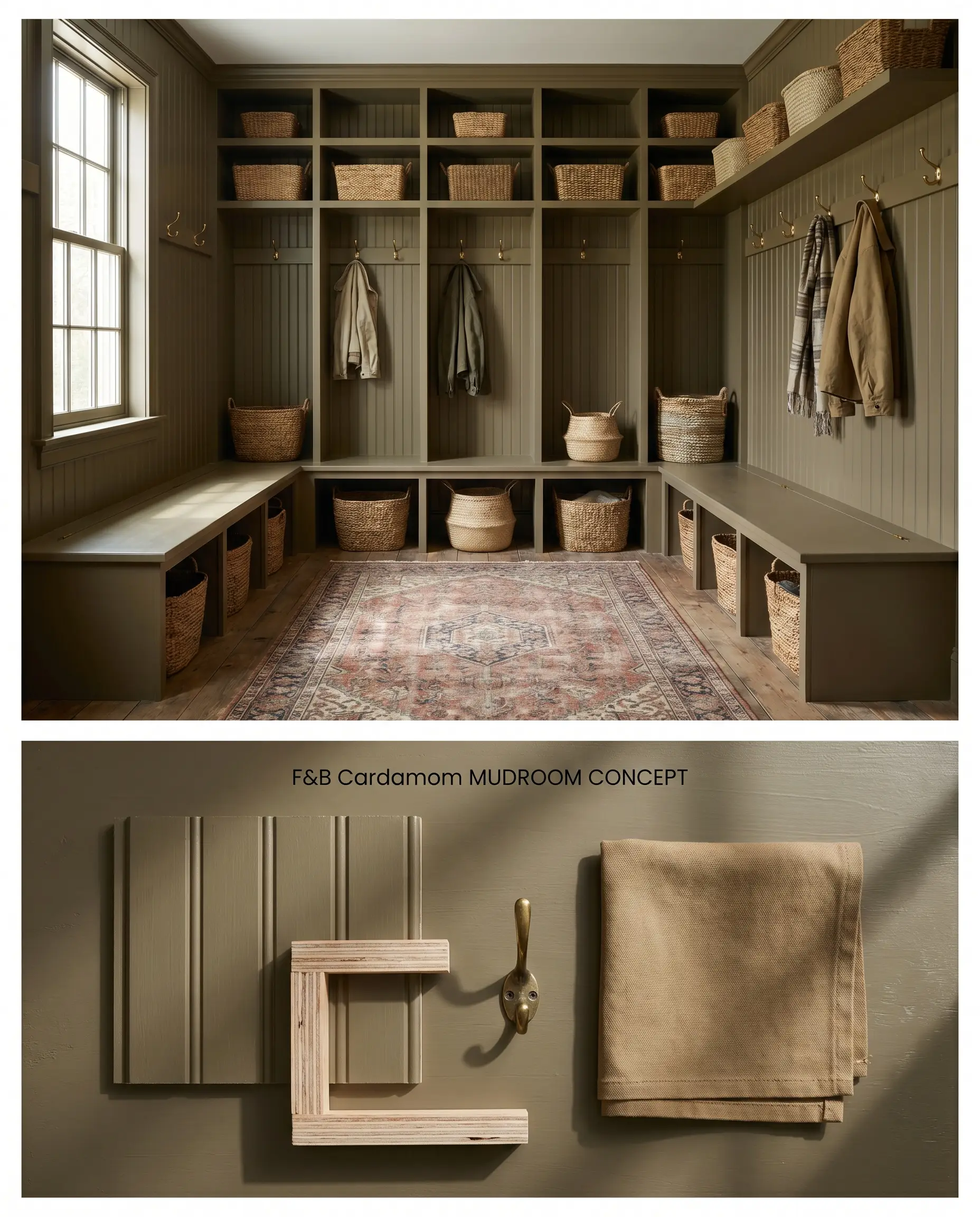 A split digital conceptual board for a utilitarian mudroom displaying built-in cubbies painted in F&B Cardamom above, and textured outdoor canvas below.