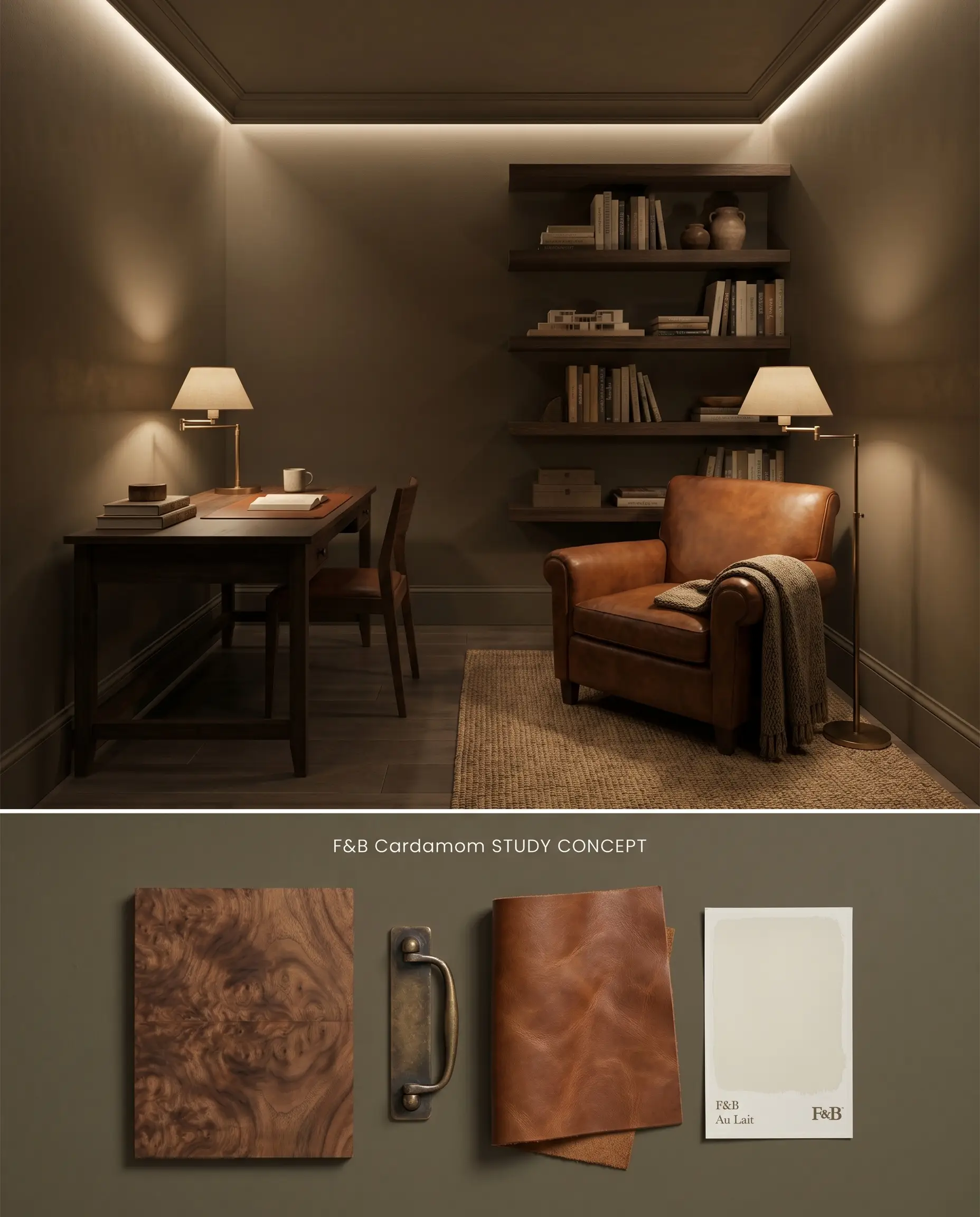 A split digital conceptual board for a study room featuring a dark timber desk on top, and physical materials like walnut burl veneer below.