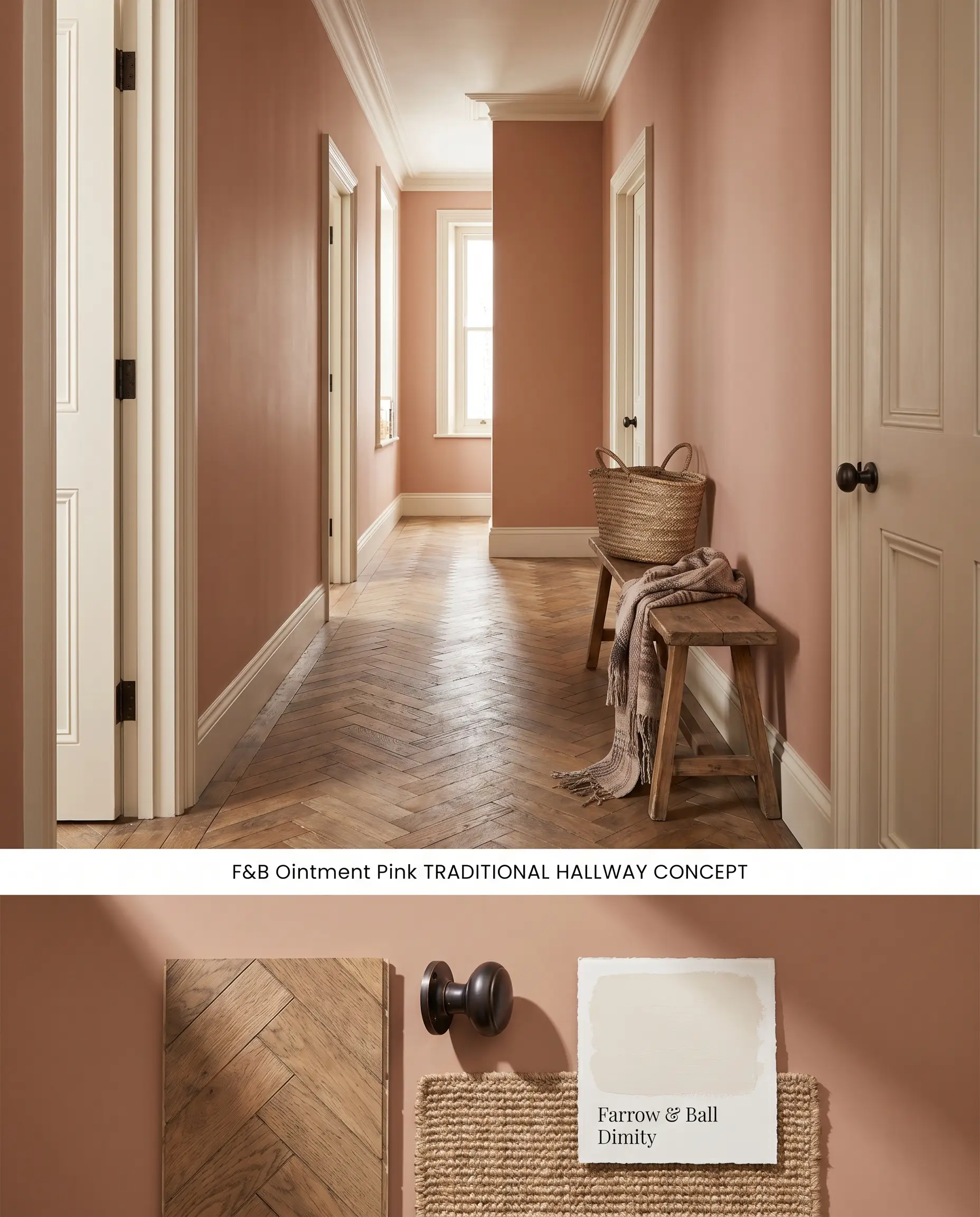 A split digital conceptual board showcasing a muddy pink traditional hallway atop a textured flat-lay with herringbone oak, bronze hardware, and woven textiles.