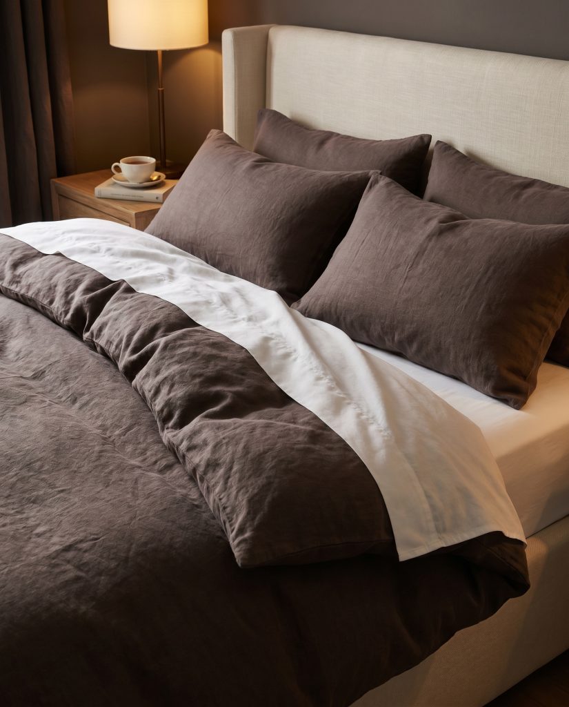 A heavy mushroom-toned European flax linen duvet folds back to reveal crisp white cotton percale sheets against a soft upholstered headboard.