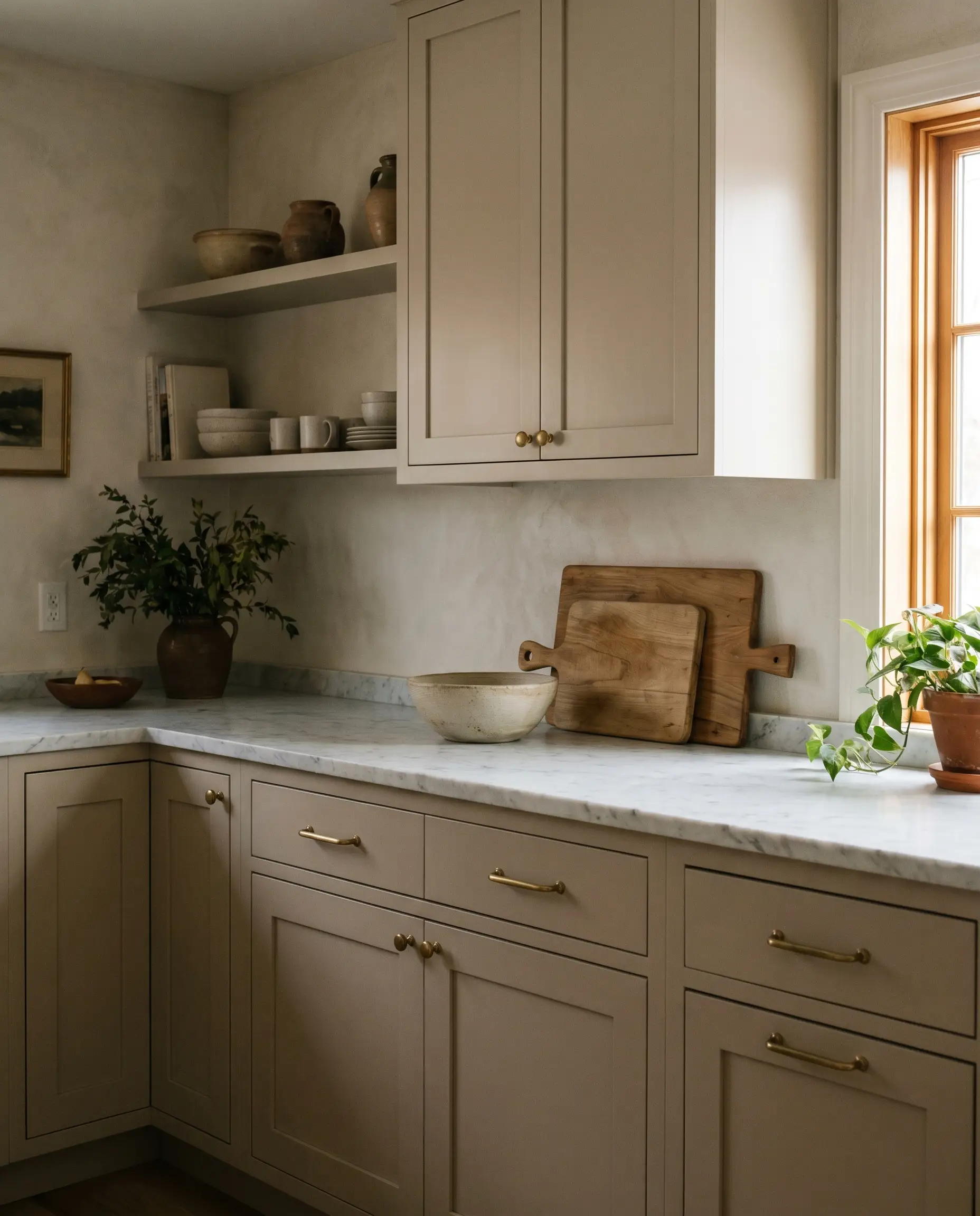 Standard kitchen cabinets painted in Sherwin Williams accessible beige pair with honed Carrara marble counters, unlacquered brass pulls, and a raw ceramic bowl.