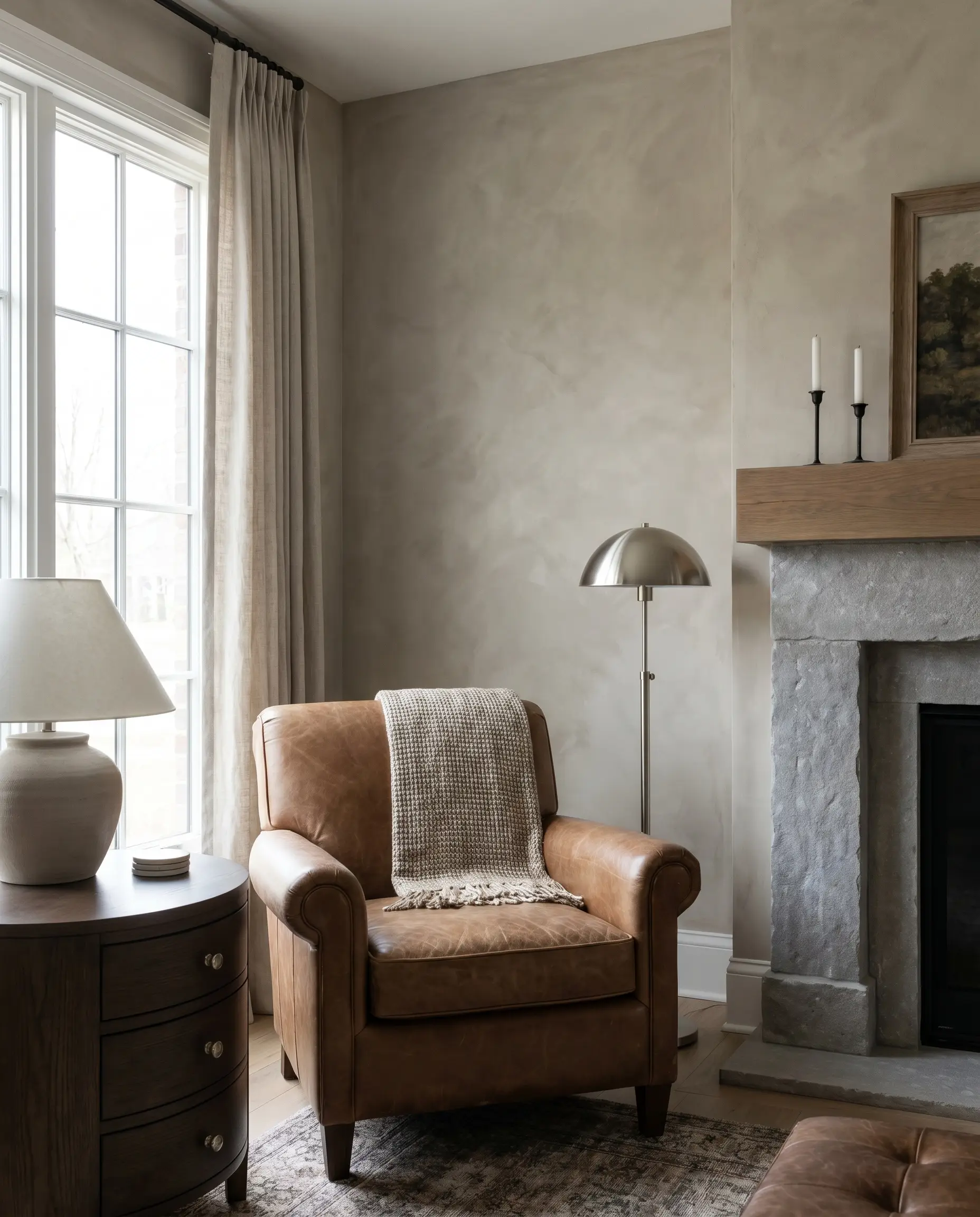 A gray tumbled limestone fireplace surround and comfortable armchair anchor a transitional space featuring Portola Paints mushroom greige walls with a cloudy patina.