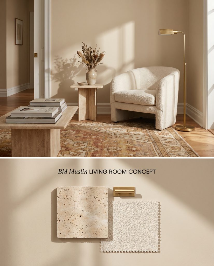 A split digital conceptual board for a living room featuring a warm pink-beige paint above a physical flat-lay of travertine, brass, and bouclé fabric.
