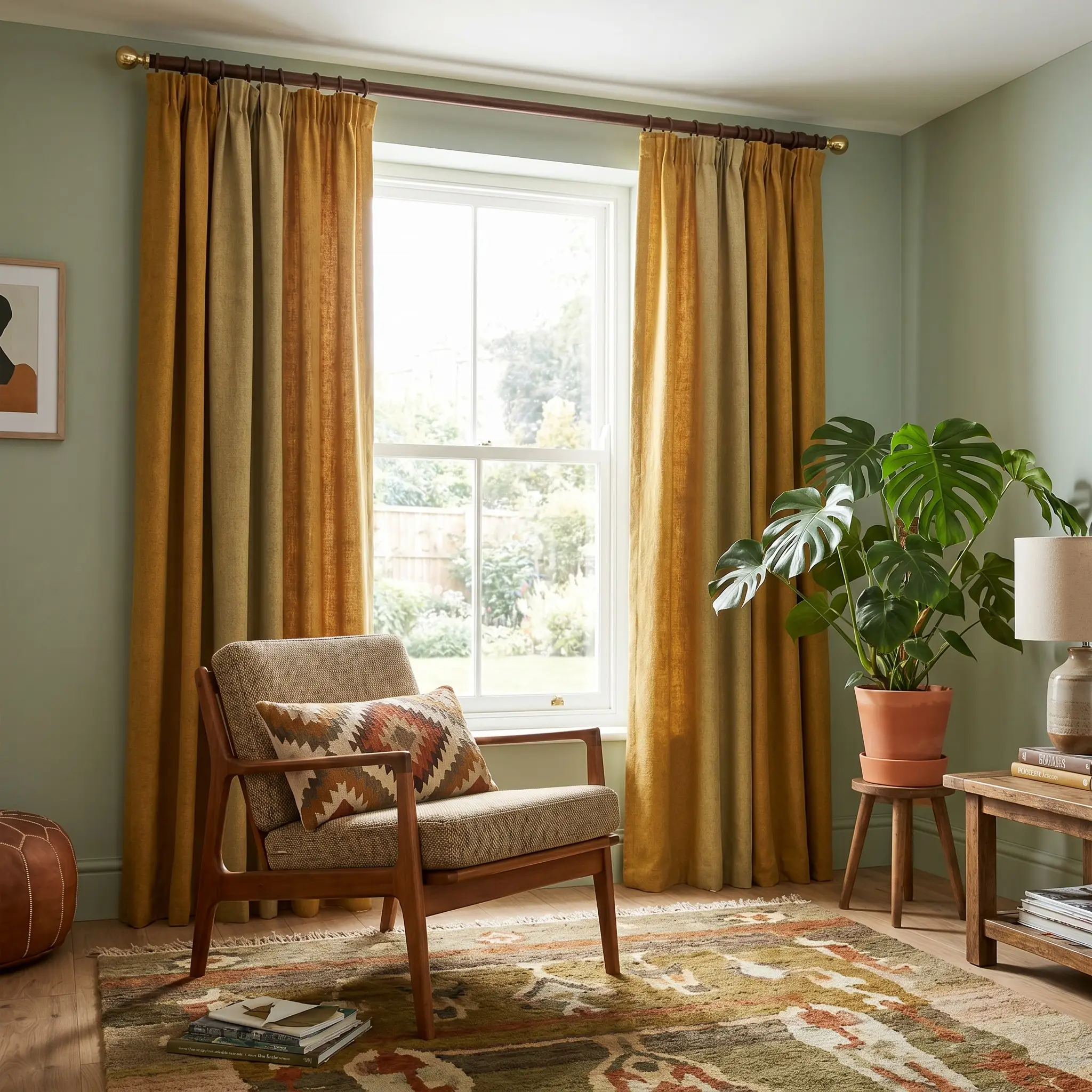 Ocher and muted mustard slub cotton curtains hang from a walnut wood pole beside a teak lounge chair and a potted monstera plant.