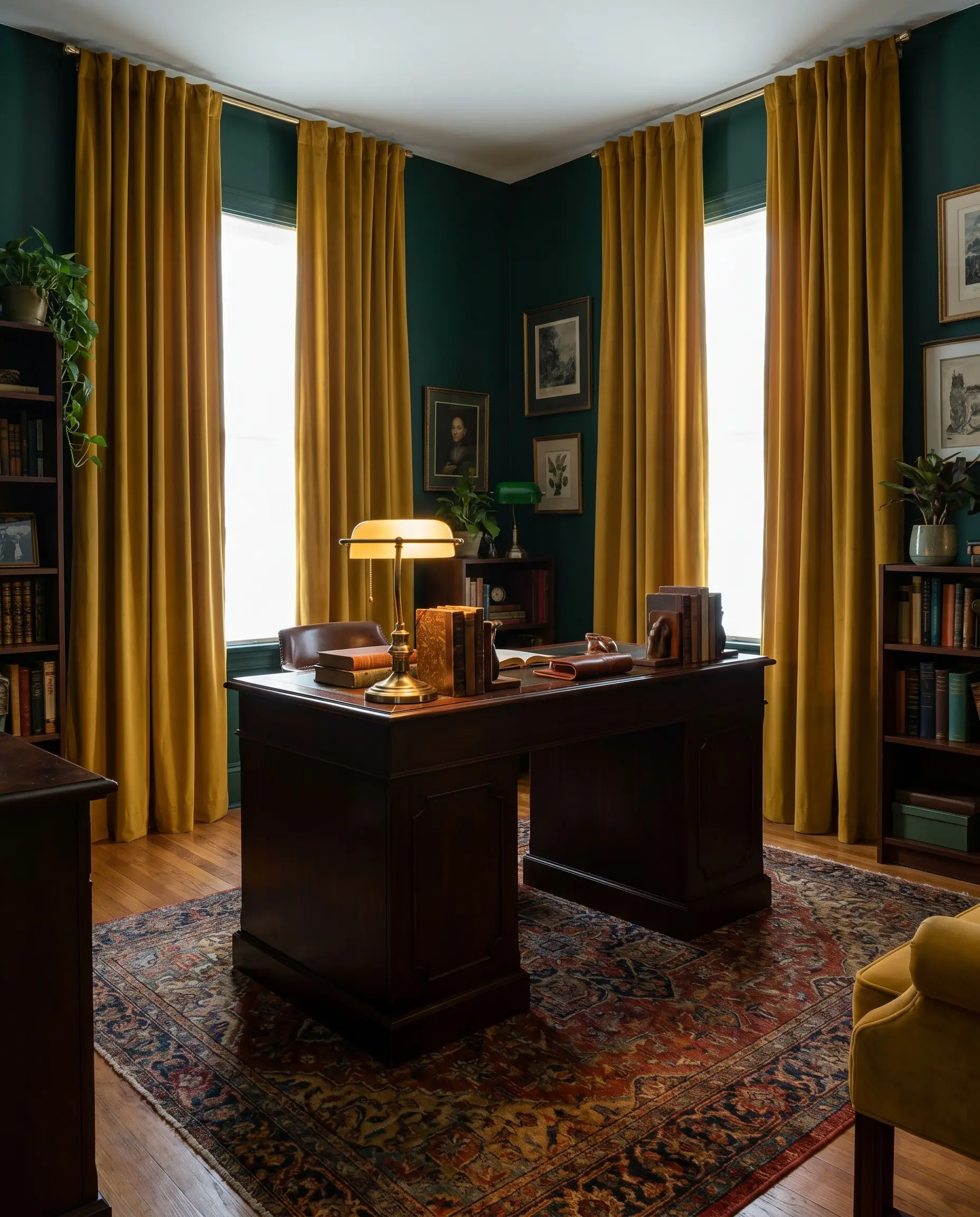 Deep mustard yellow velvet curtains for emerald green walls frame a dark mahogany desk and vintage patterned rug in a moody maximalist study.
