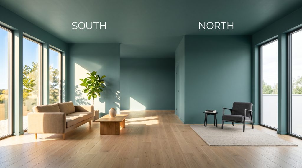 A seamless white oak floor anchors a minimalist living room, shifting from golden-green in bright Southern exposure to a moody teal in cooler Northern light.