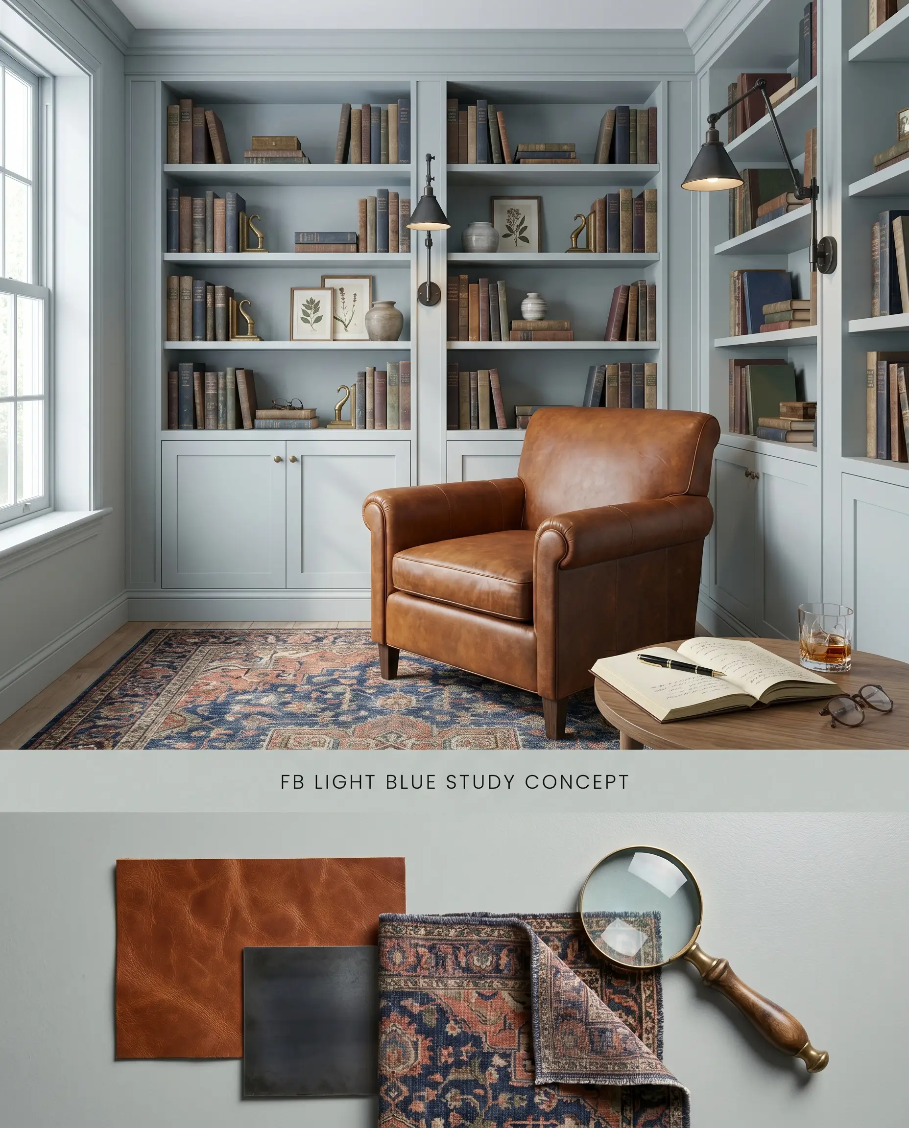 A split digital conceptual board for a paneled study displaying silvery blue floor-to-ceiling millwork on top and a flat-lay of cognac leather and blackened steel below.