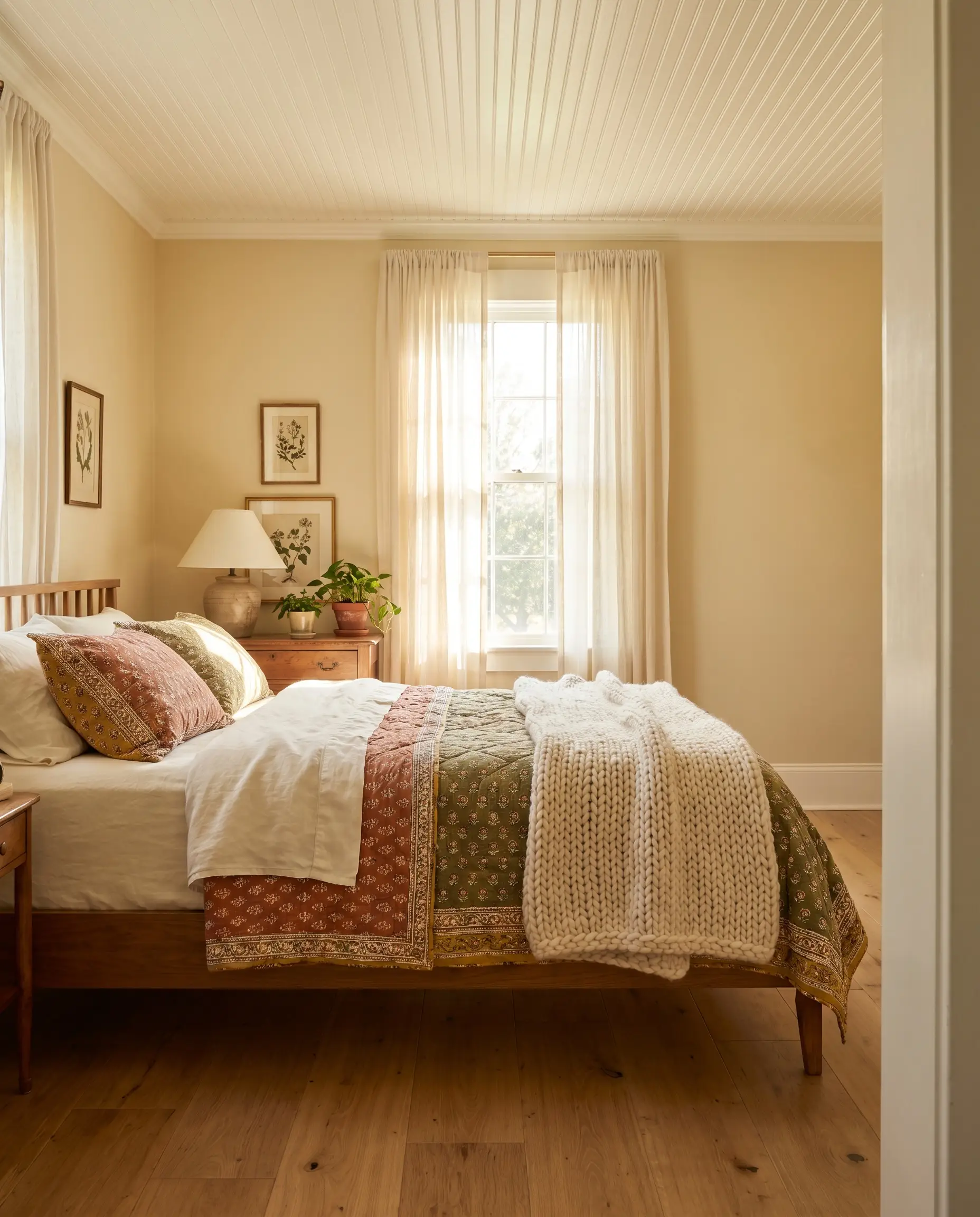 Block-printed cotton quilts and washed linen sheets layer a bed against walls painted in Beacon Hill Damask beneath a creamy white beadboard ceiling.