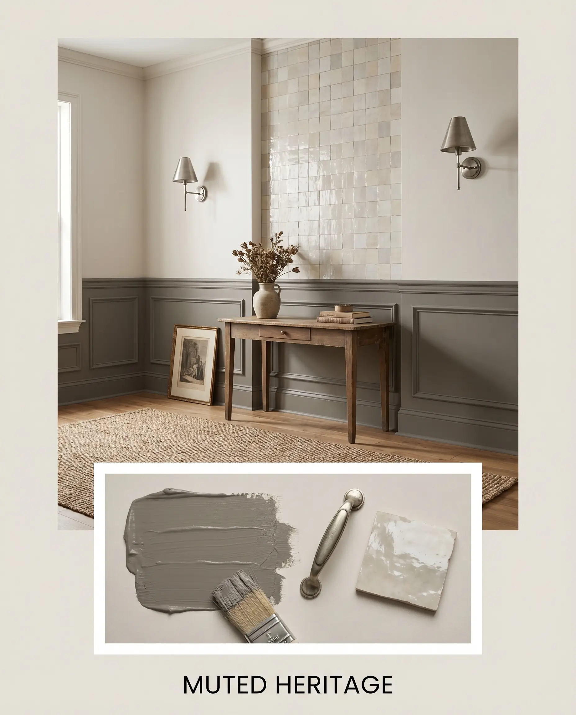 An editorial concept board displays aged brushed nickel sconces and hand-glazed zellige tile above a curated flat-lay of historic-leaning interior finishings.
