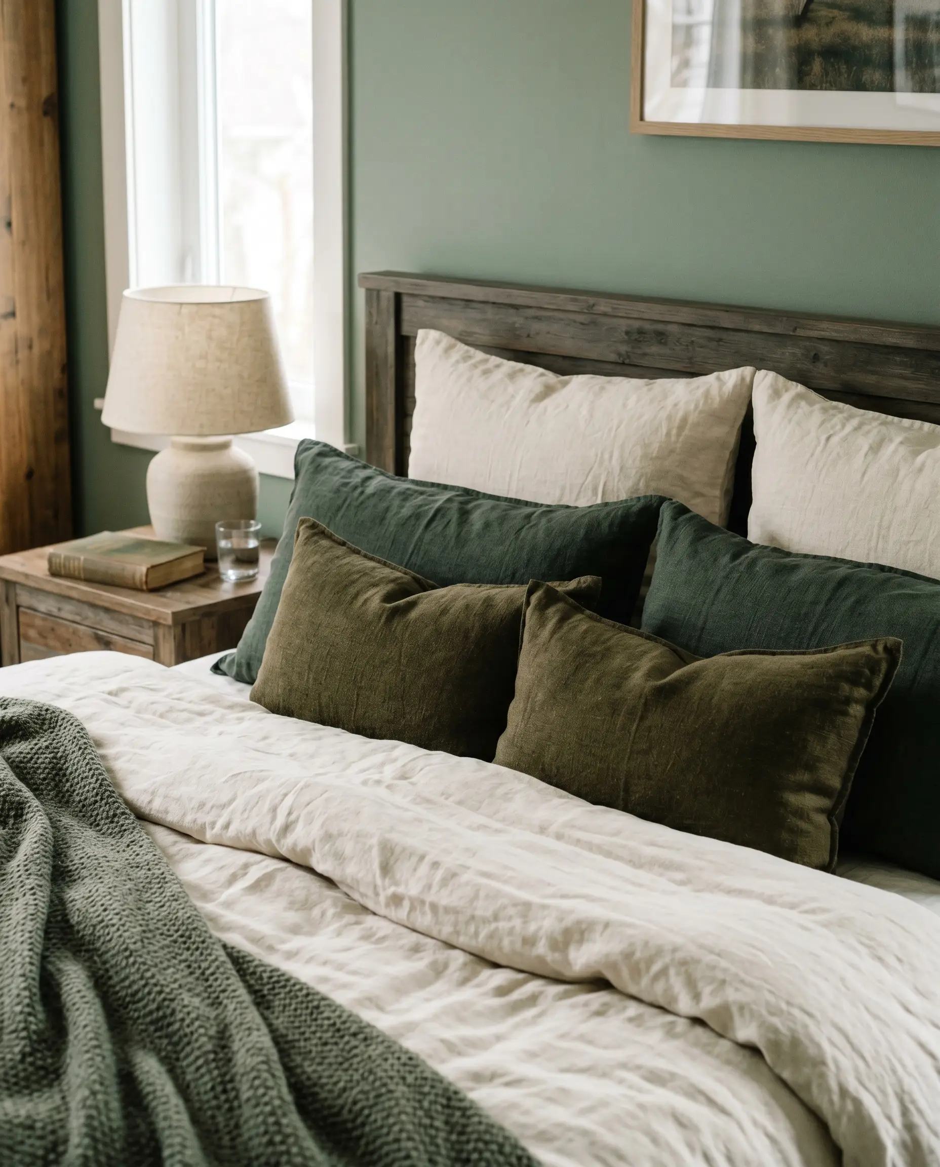 Heavyweight linen accent pillows in muted olive and forest green tones rest against cream standard shams on a comfortable bed.