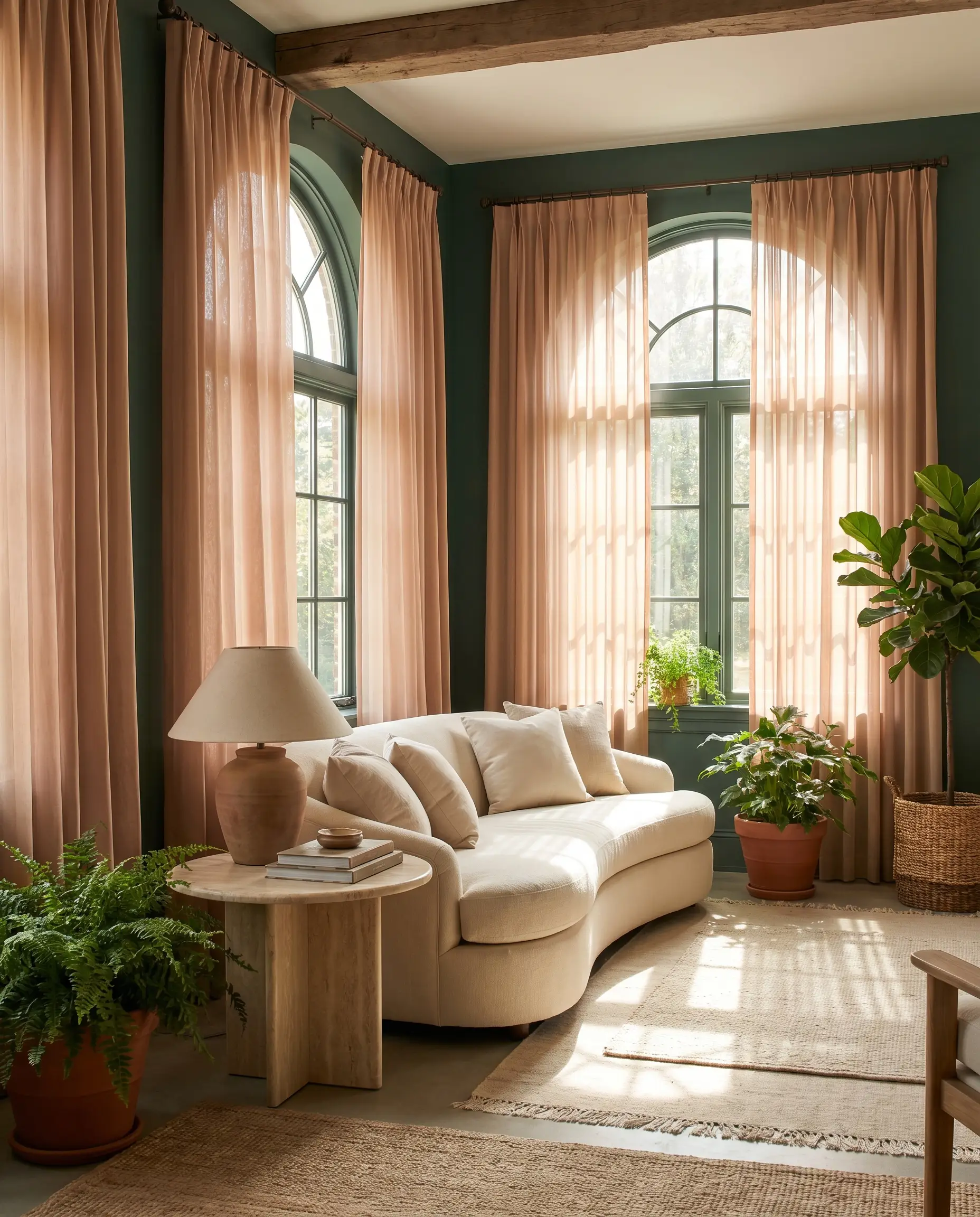 Matte muted peach chiffon curtains filter sunlight behind a standard curved cream sofa and light travertine side table in an elegant sunroom.