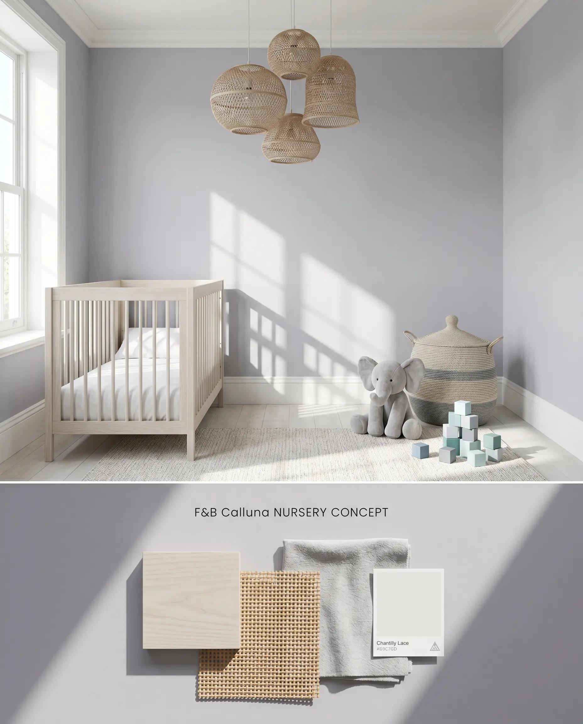 Visualized in a split conceptual board, a nursery highlights heathered lilac walls over a textured flat-lay of bleached ash wood and woven rattan.