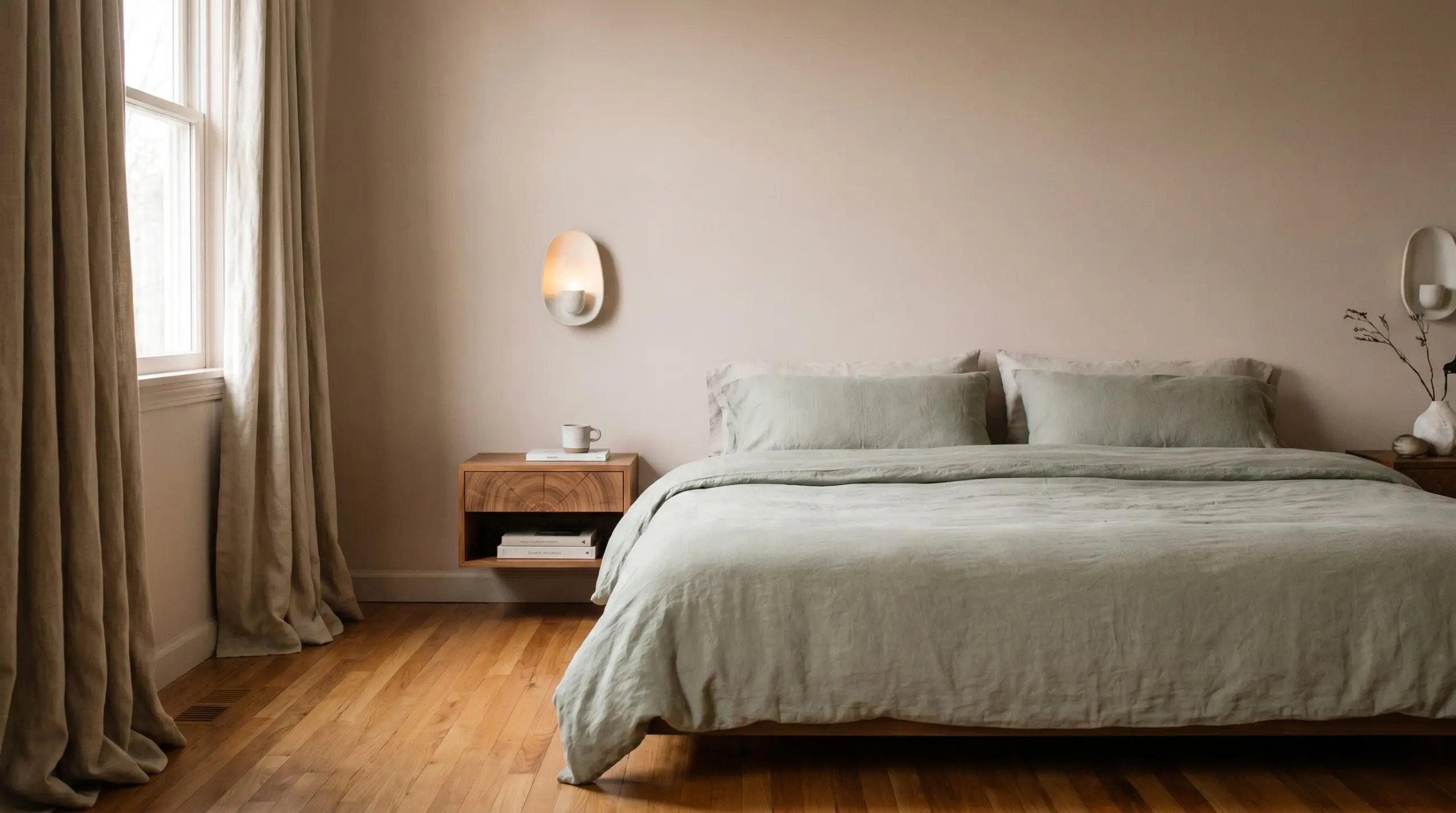 An asymmetrical ceramic sconce casts a gentle glow over a floating end-grain wood nightstand and a low-profile bed draped in muted sage linens.