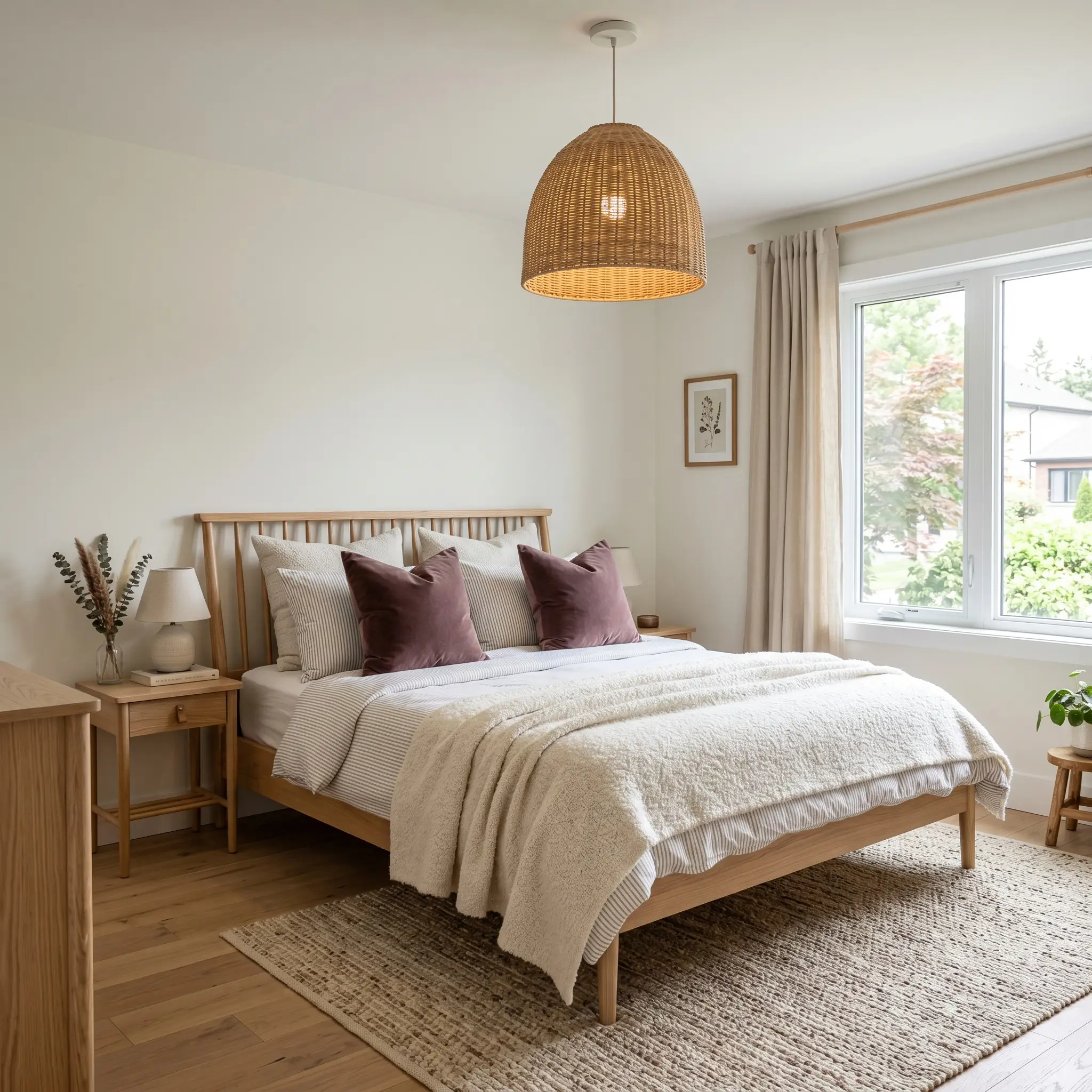 A natural ash spindle bed layered with ticking stripe sheets and muted plum velvet cushions sits beneath a woven rattan pendant light.