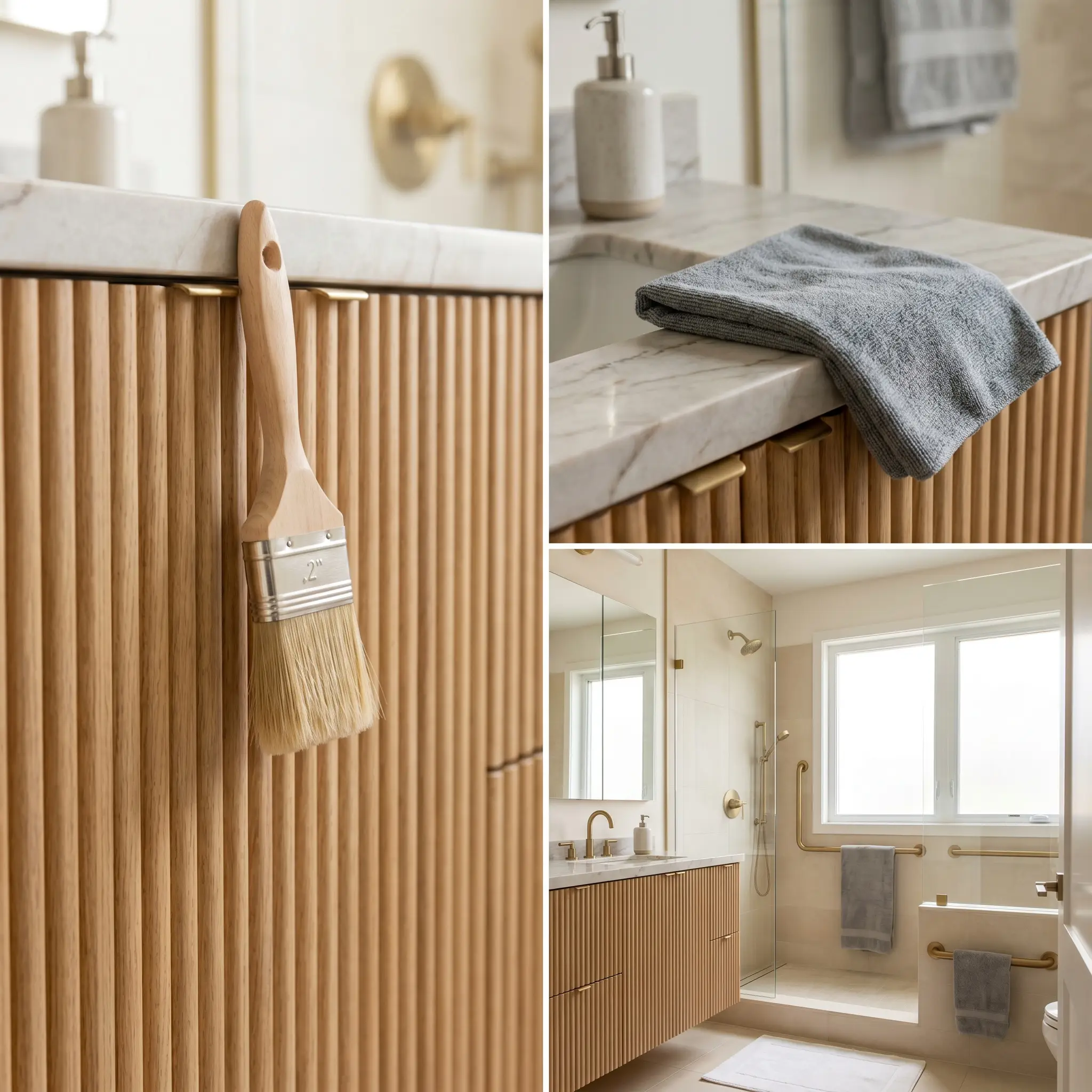 A soft natural bristle paint brush gently rests inside the deep concave channels of a pristine ribbed wood cabinet beside a damp microfiber cloth.