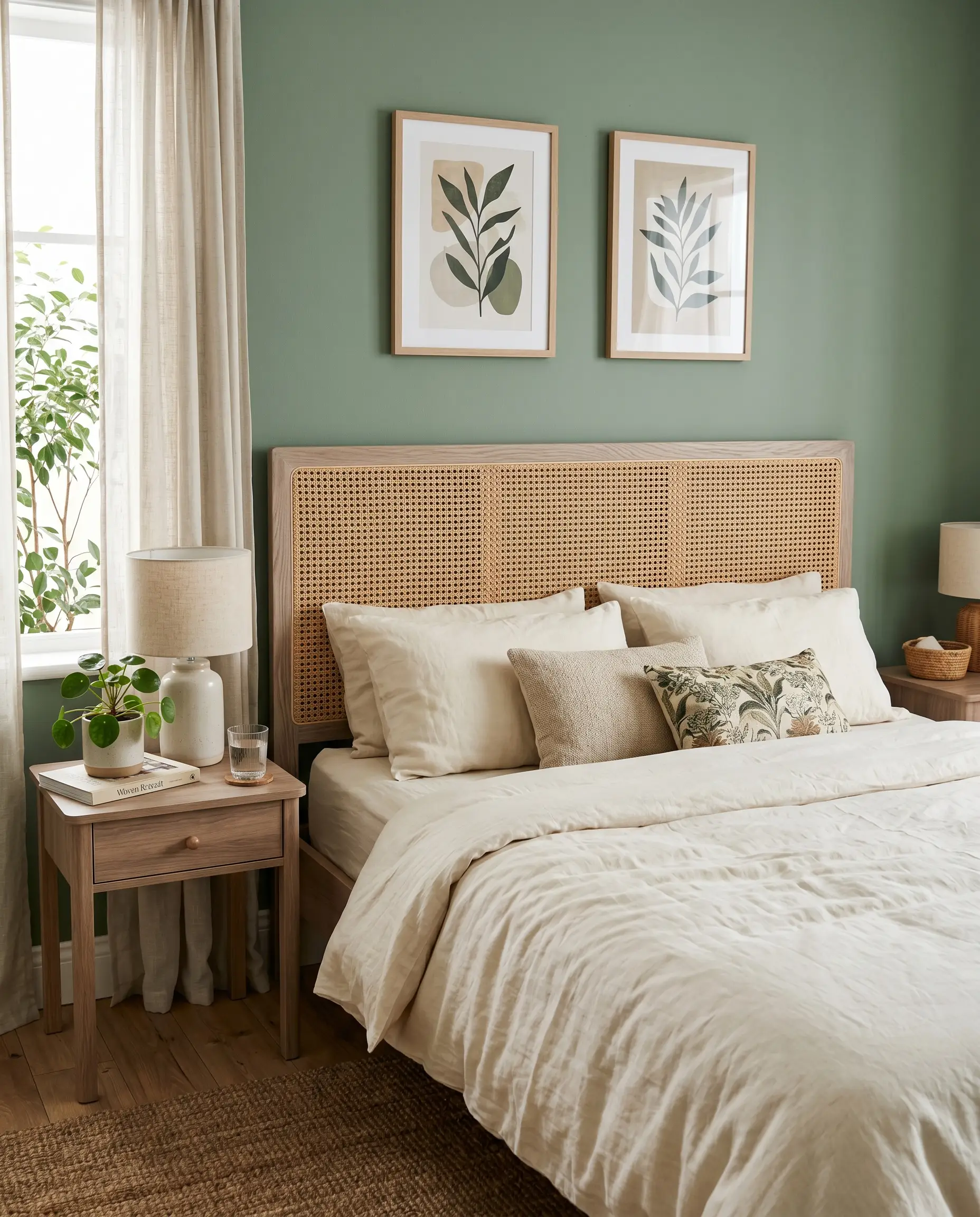 A natural cane webbing headboard with a light ashy wood frame bridges the solid cream linen bedding and flat sage green walls.